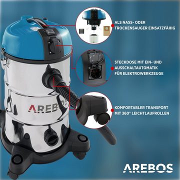 Arebos Industriesauger 5in1, Nass-& Trockensauger, 1300W, 30 L, 1300 W, Verwendbar als Trockensauger mit Beutel und Filter sowie als beutelloser Wassersauger mit praktischem Wasserablass für schnelle Entleerung, 360° Rollen für optimale Rangierbarkeit