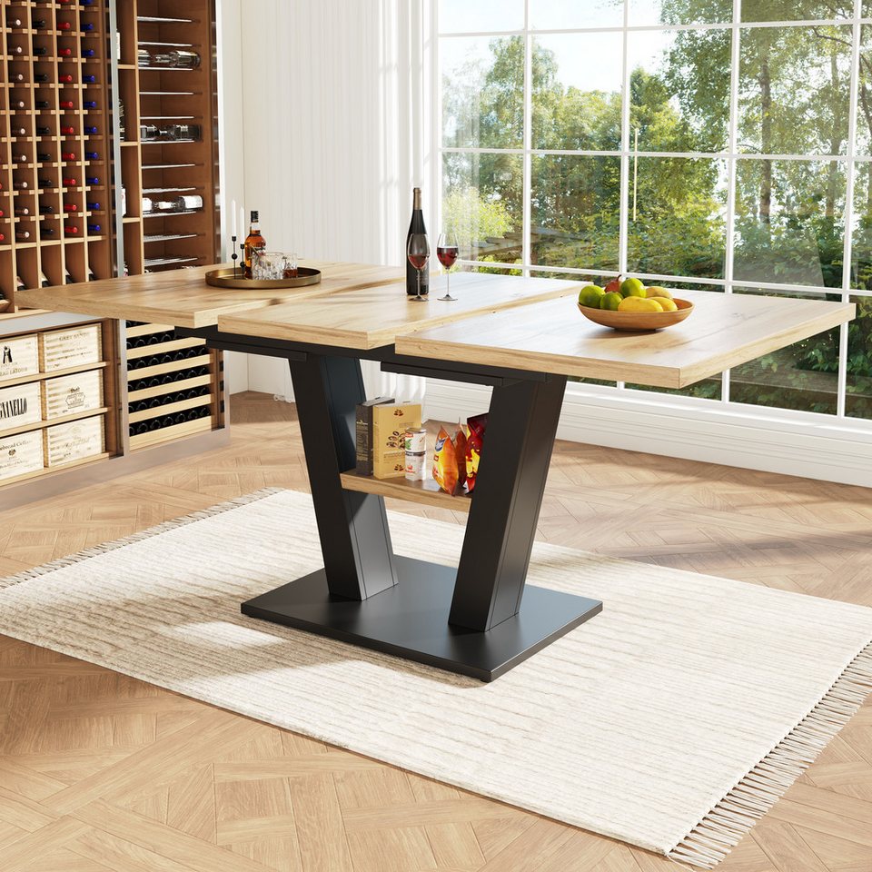 MODFU Esstisch Teleskoptisch,Moderne Esstisch, Schwarz+Natürlich, Gr. 70 cm x 75 cm x 118 cm, MDF,Metall