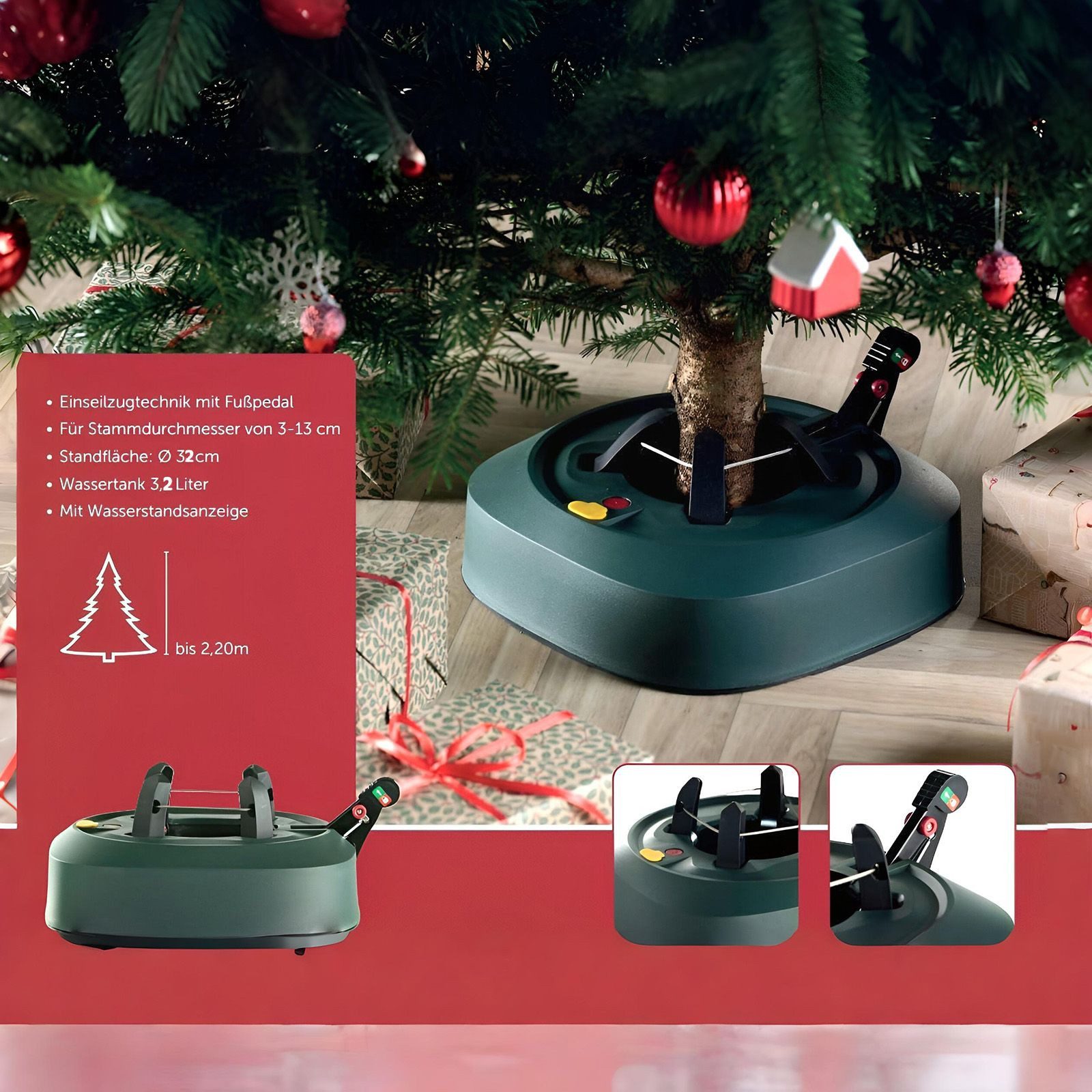 BURI Christbaumständer Weihnachtsbaumständer Tannenbaumständer 2,20 m Baumhöhe 3,2L Fußpedal, mit Fußpedal und XXL Wassertank