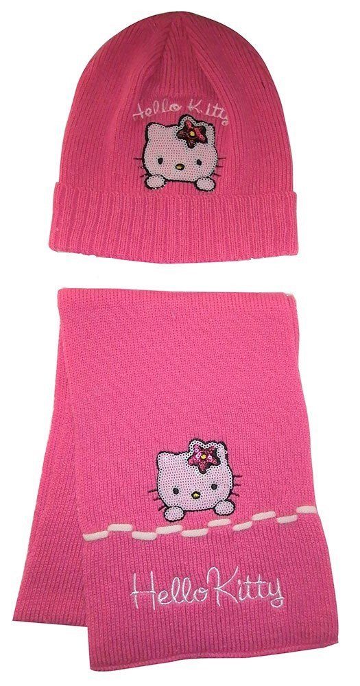 Hello Kitty Strickmütze Hello Kitty Winter-Set mit Mütze und Schal für Mädchen Pink 54