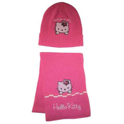 Hello Kitty Strickmütze Hello Kitty Winter-Set mit Mütze und Schal für Mädchen Pink 54 (Mütze mit Schal)
