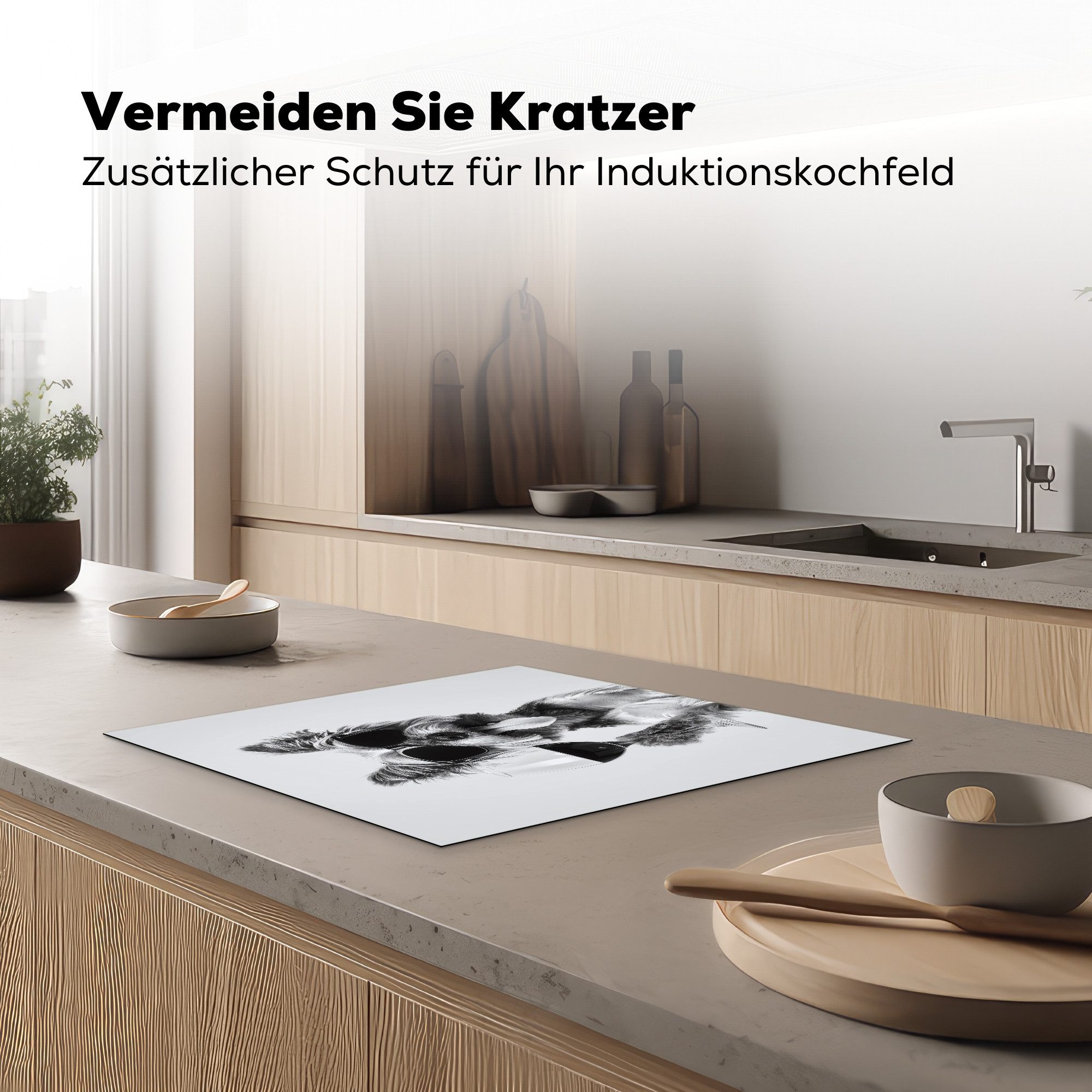 MuchoWow Herd-Abdeckplatte Hund - Weinglas - Sonnenbrille - Enthusiastisch, Vinyl, (1 tlg), Abdeckplatte für Ceranfeld, Herd Inductionsmatte, 60x50 cm