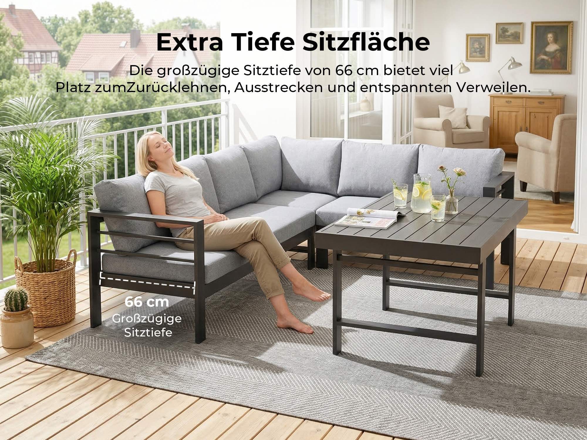 MeXo Gartenlounge-Set XXL Lounge Gartenmöbelset aus Aluminium, wetterfest, (Ecksofa mit rechter Ecke für 6-8 Personen, 5-tlg., 12/15 cm dicke Kissen, Terrassenm – Bild 5 von 5