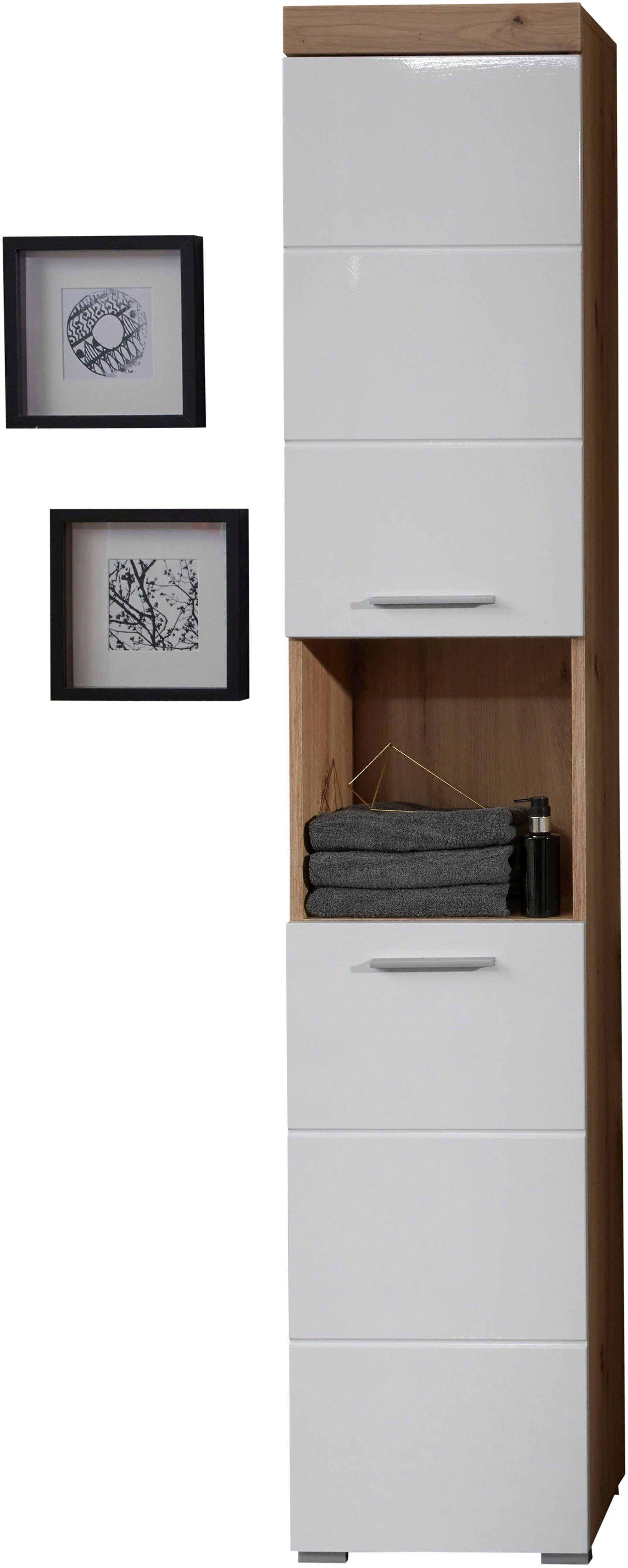 INOSIGN Hochschrank Avena Höhe 190 cm, Badezimmerschrank mit 2 Türen und 1 offenen Fach asteichefarben/weiß Hochglanz | asteichefarben