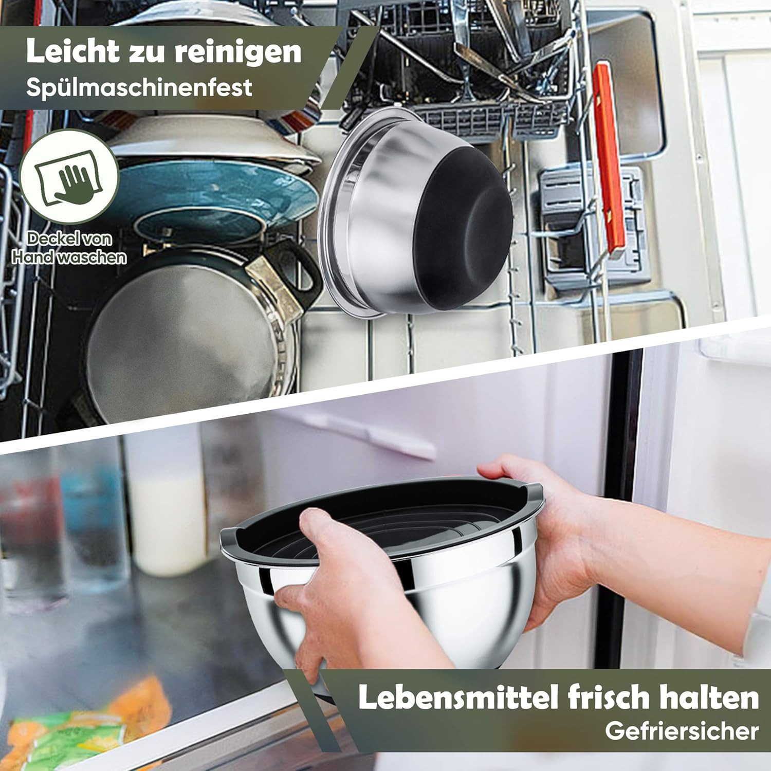 PFCTART Rührschüssel Schüssel Set mit Deckel - Salatschüssel & Edelstahl Schüssel, Edelstahl (Schüsseln), Kunststoff (Deckel), (Rostfrei, leicht zu reinigen - V – Bild 5 von 5