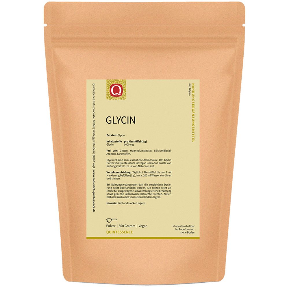 Quintessence Glycin – 98,5 % reines Glycin, Aminosäure - ohne Zusatzstoffe - 500 g Pulver, 500 g, Hochwertige Premiumqualität - vegan - wichtiger Baustein für Proteine