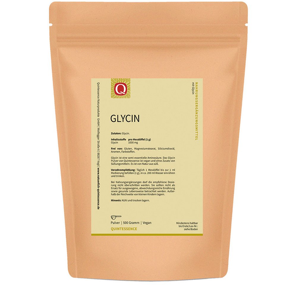 Quintessence Glycin – 98,5 % reines Glycin, Aminosäure - ohne Zusatzstoffe - 500 g Pulver, 500 g, Hochwertige Premiumqualität - vegan - wichtiger Baustein für Proteine