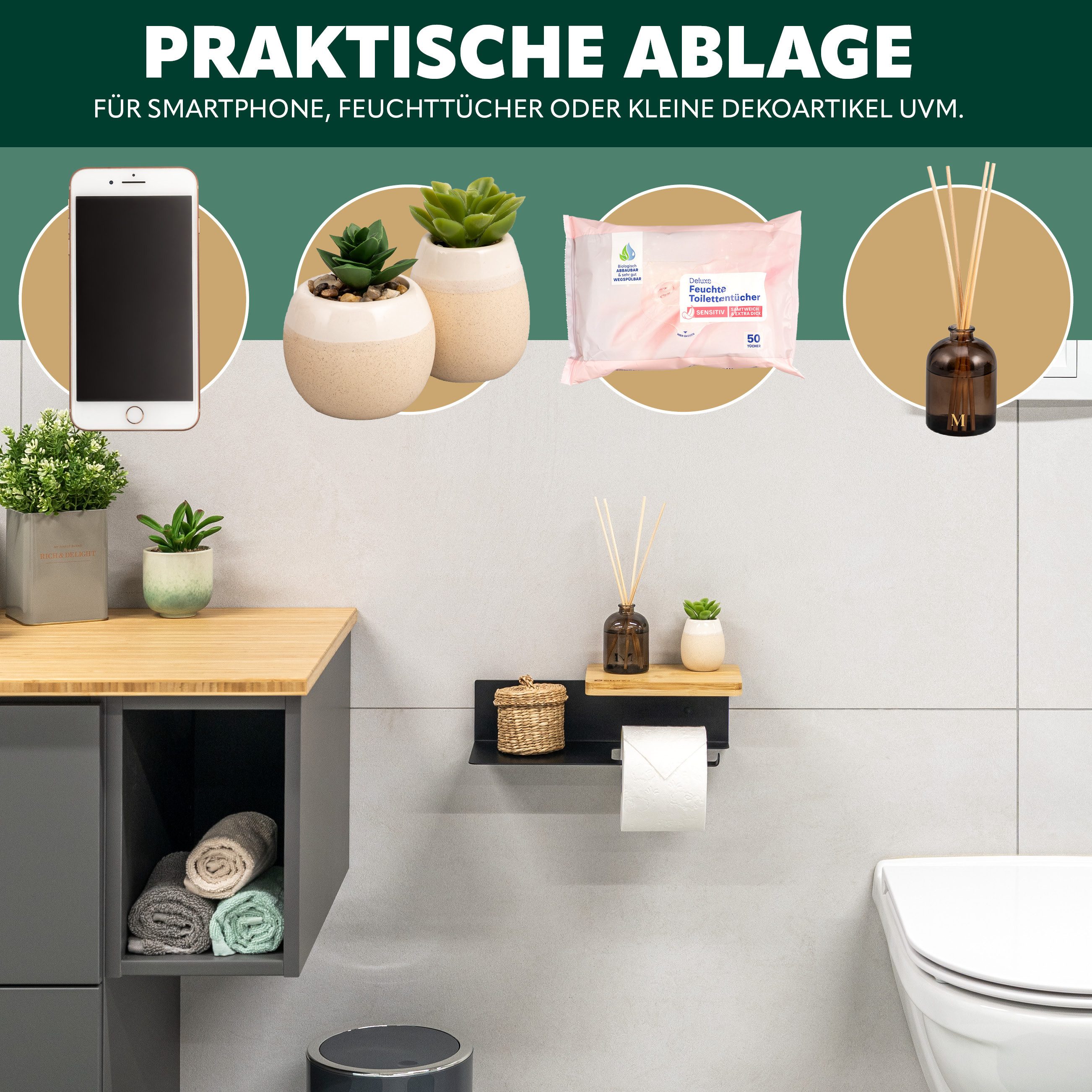 eluno Toilettenpapierhalter VARAZ mit 2 Ablagen aus Metall und Bambus, schw günstig online kaufen