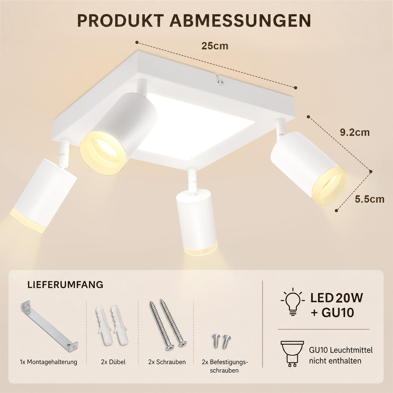 ZMH Deckenstrahler 4 Flammig Quadratisch/Rund 20W Deckenleuchte 3000K GU10 Wohnzimmer, Einfache Installation, LED fest integriert, ohne Leuchtmittel, Warmweiß, Weiß Schwenkbar 350° Moderne Schlafzimmerlampe