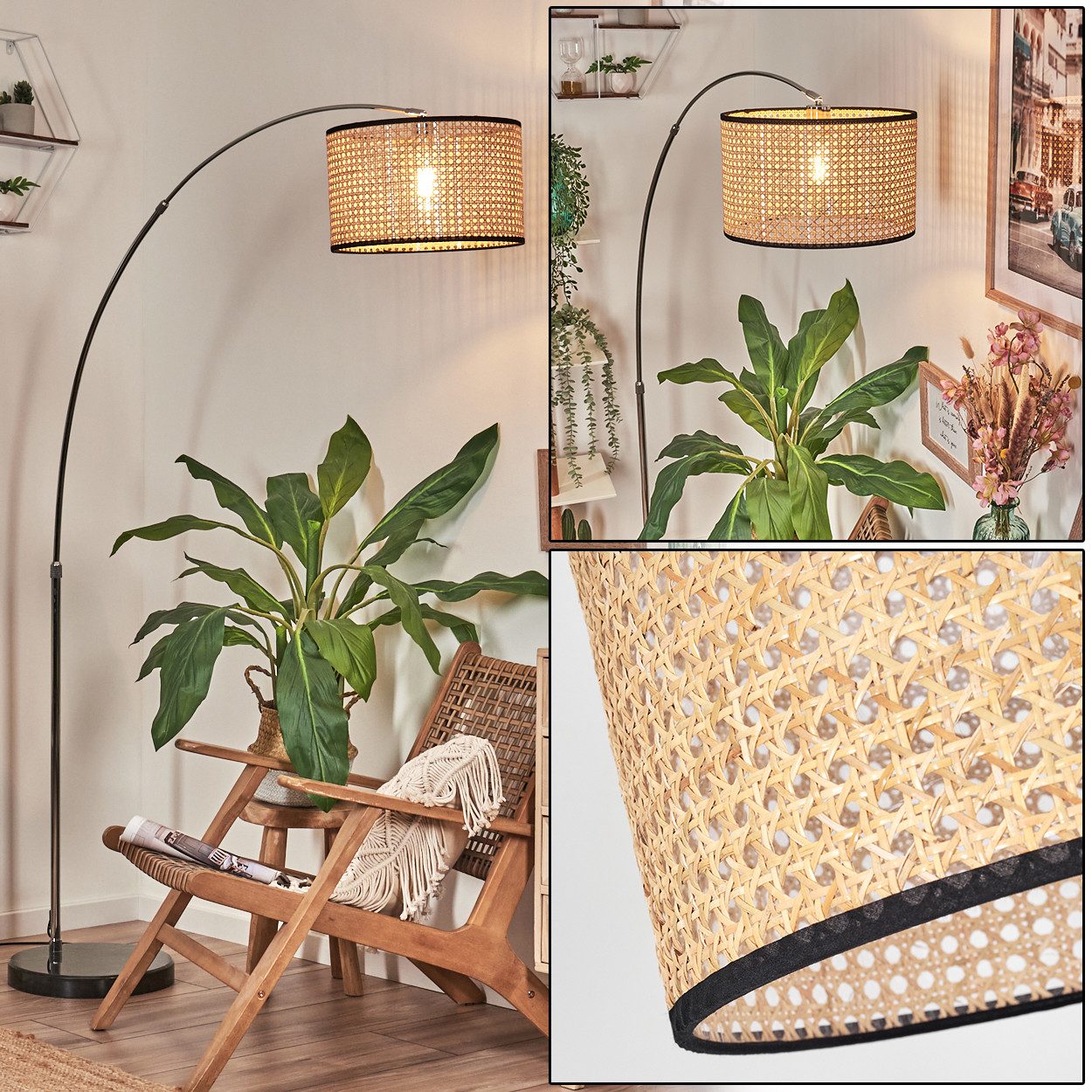 hofstein Bogenlampe Stehlampe aus Metall/Rattan/Wienergeflecht in Schwarz/Chrom/Natur, verstellbare Stehleuchte mit Marmorfuß u.Fußschalter, Boho-Design, E27