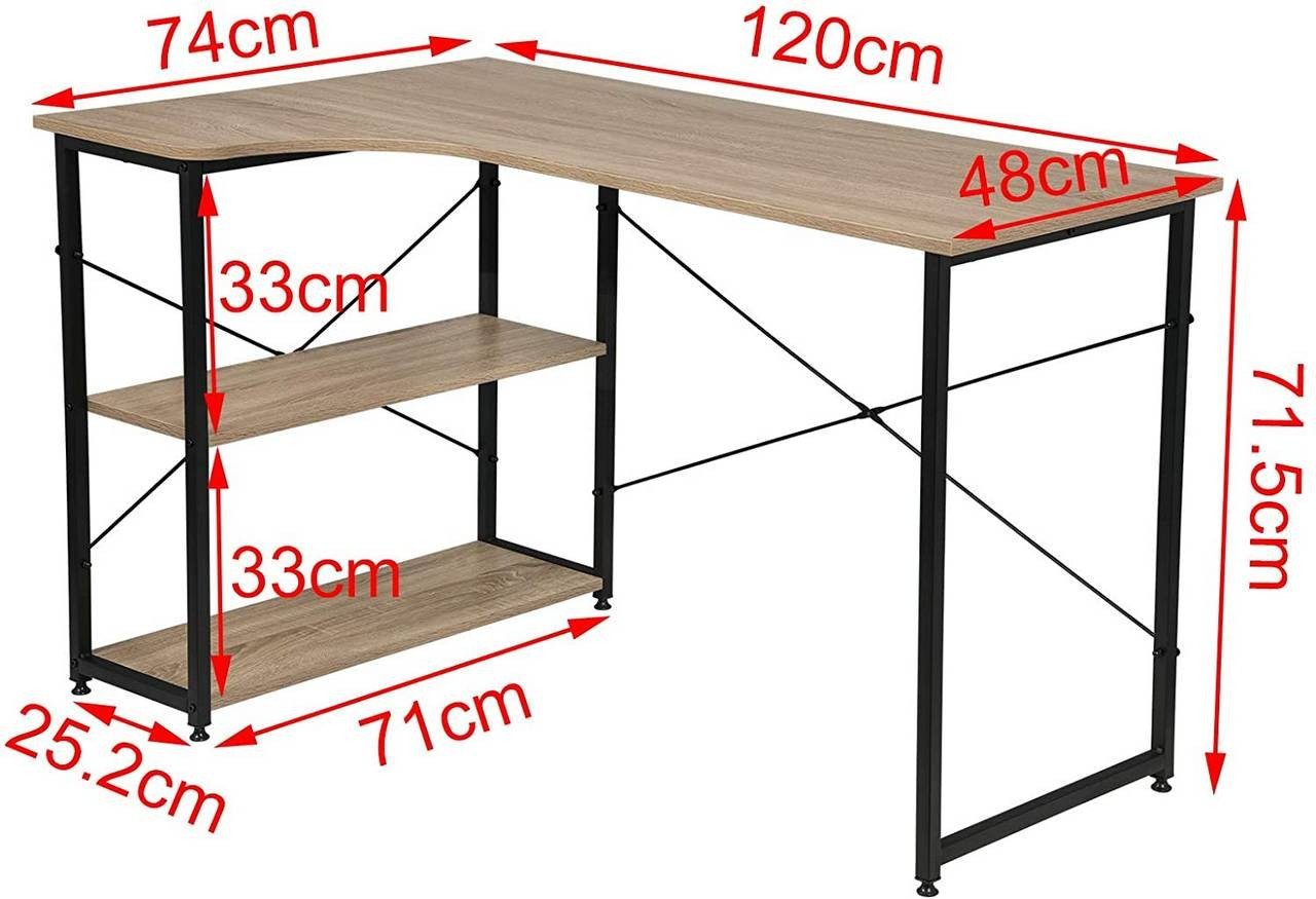 Eiche cm Schreibtisch, Holz 120x74x71,5 Hell Arbeitstisch mit Bücherregal EUGAD