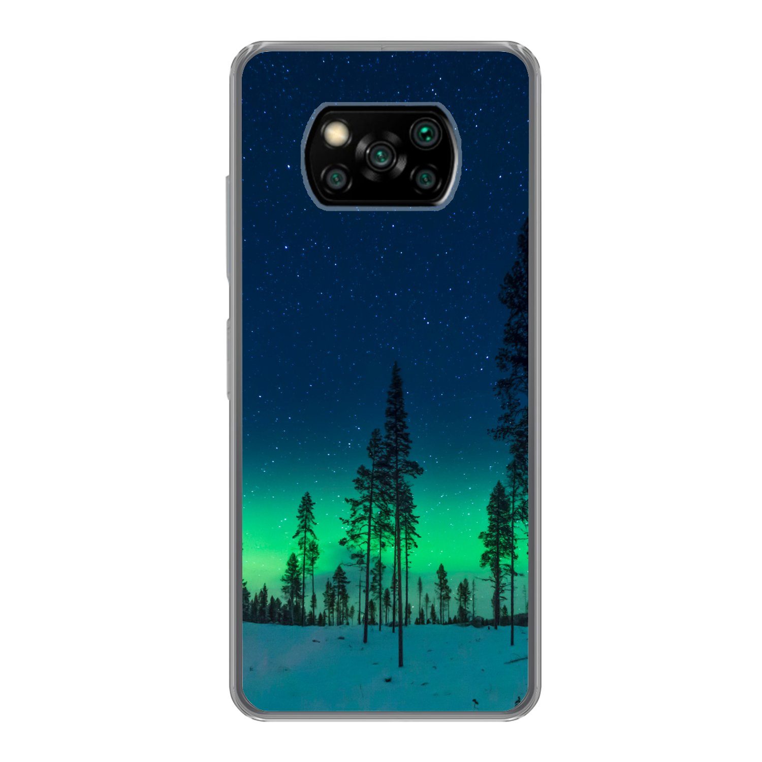 MuchoWow Handyhülle für Xiaomi Poco X3 NFC Nordlicht - Schnee - Bäume - Natur - Grün, Phone Case, Silikon, Schutzhülle Dünn