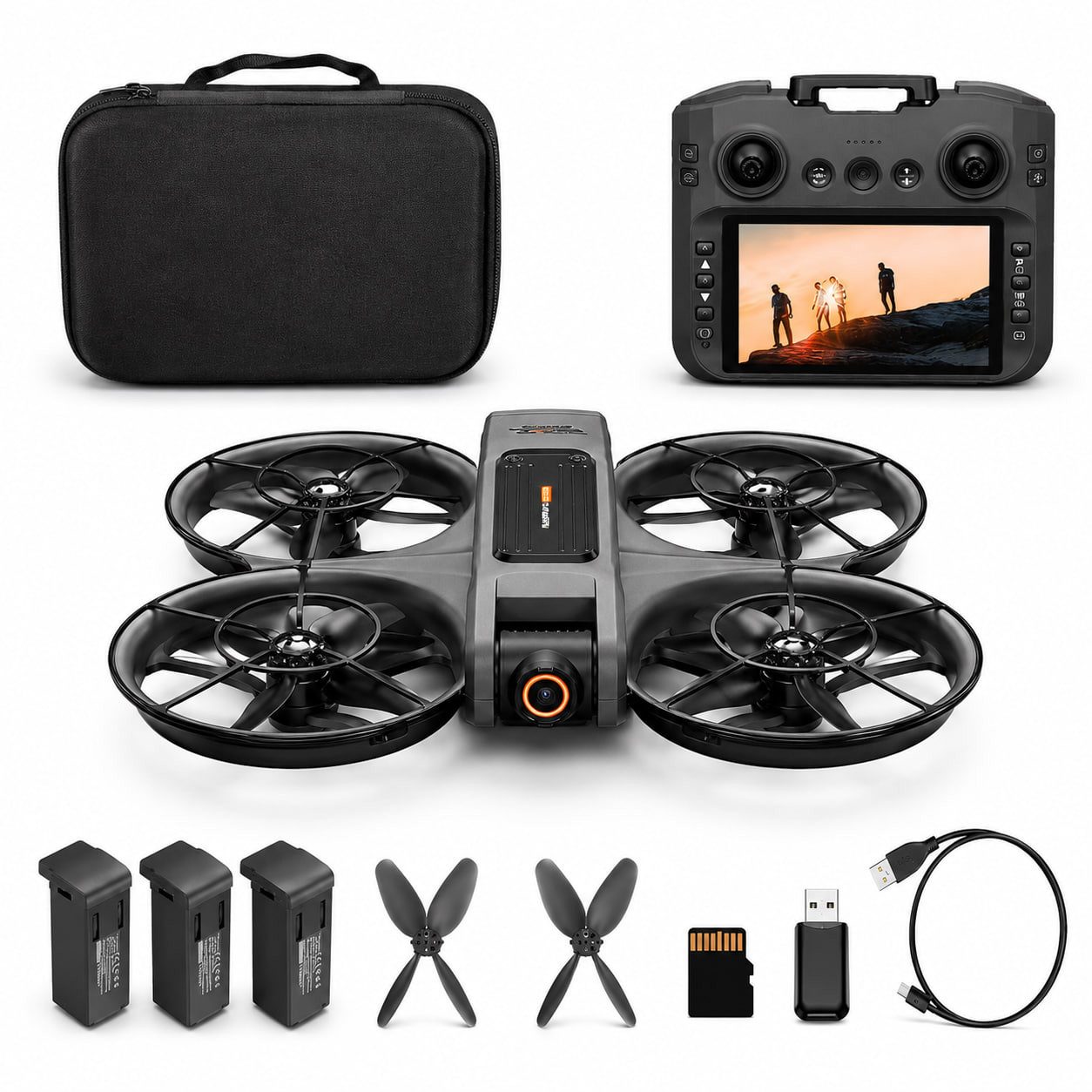 Goldstern-Tech RC-Quadrocopter (Drohne mit Dual-Kamera & Full-HD Displaycontroller, Kameradrohne, bis zu 60 Min. Flugzeit), Optical Flow, 360° Flugmodi, Propellerschutz