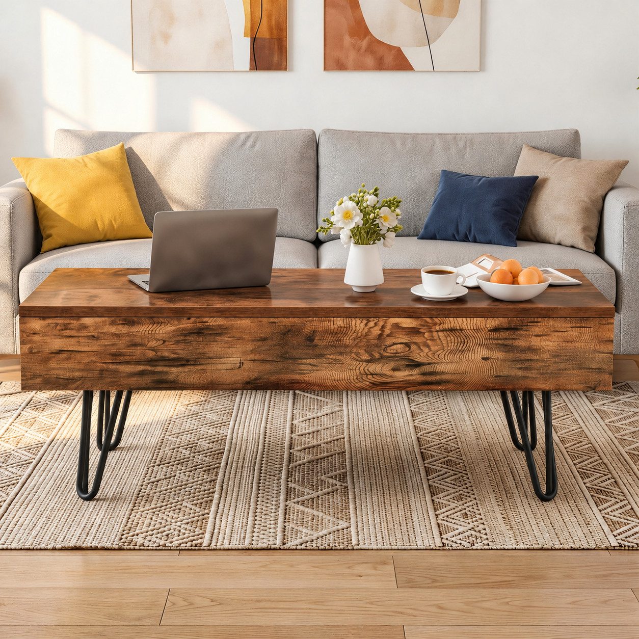 Gunuss Couchtisch höhenverstellbarer Wohnzimmertisch 100 *50*45cm Ablagefach Sofatisch (Kaffeetisch Ausziehbare Tischplatte, Auszug), Beistelltisch mit Doppelte – Bild 2 von 5