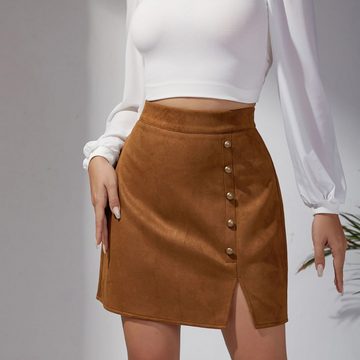 ZWY Minirock Damenrock aus einfarbigem Wildleder mit hoher Taille und Metallknöpfen für die Hüfte