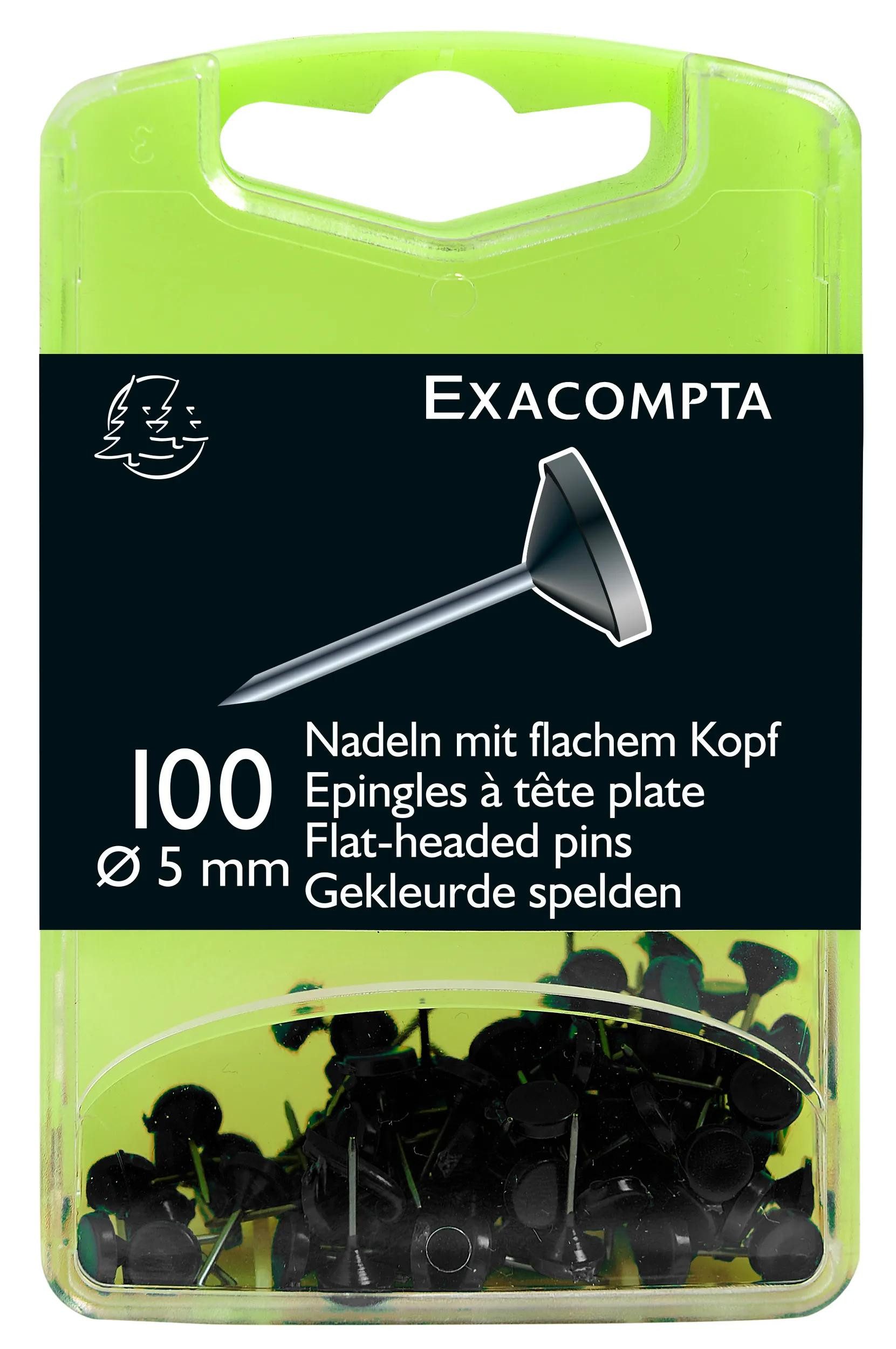 EXACOMPTA Pinnnadel Blisterbox + 100 Stück Flachkopfnadeln Ø5mm Spitze 8mm Schwarz 14501E, Signalisation Nadeln