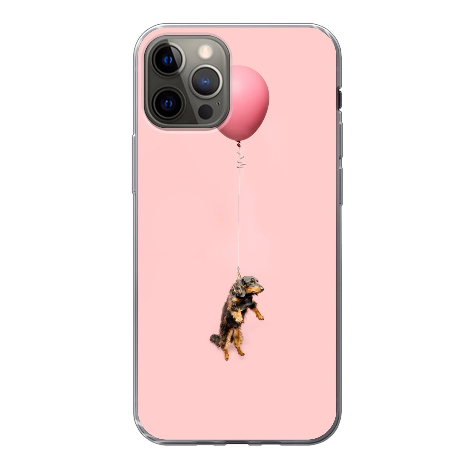 MuchoWow Handyhülle für Apple iPhone 12 Pro Dackel schwebt durch einen Ballon nach oben, Smartphone-Bumper, Print, Handy Schutzhülle Dünn