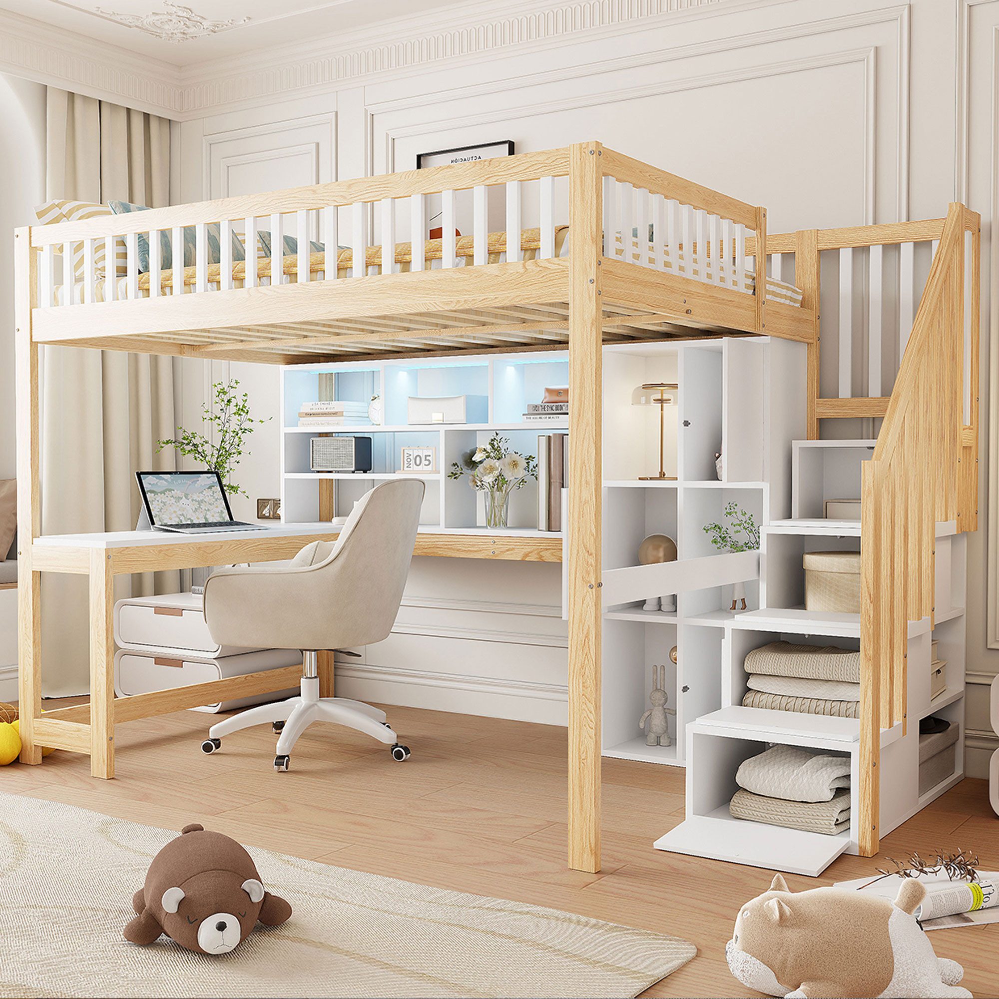 Merax Hochbett 140x200cm mit LED-Beleuchtung (1-St., Jugendbett Einzelbett Stockbett aus Kiefernholz/MDF) Kinderbett mit Stauraumtreppe, Regalen, Ablagefächern & Schreibtisch