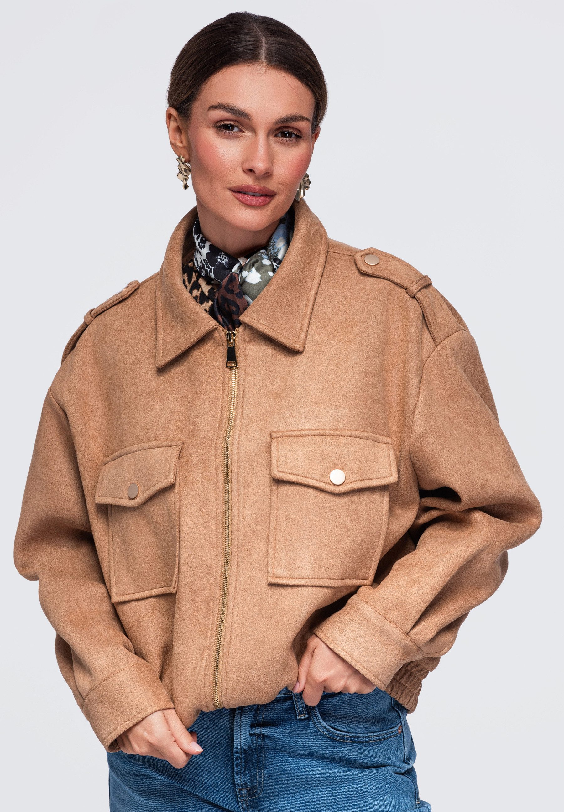 OMBRE Lederimitatjacke Damenjacke mit klassischem Kragen und lässigem Schnitt Camel S/M (kein Set, 1-St) in Unifarbe