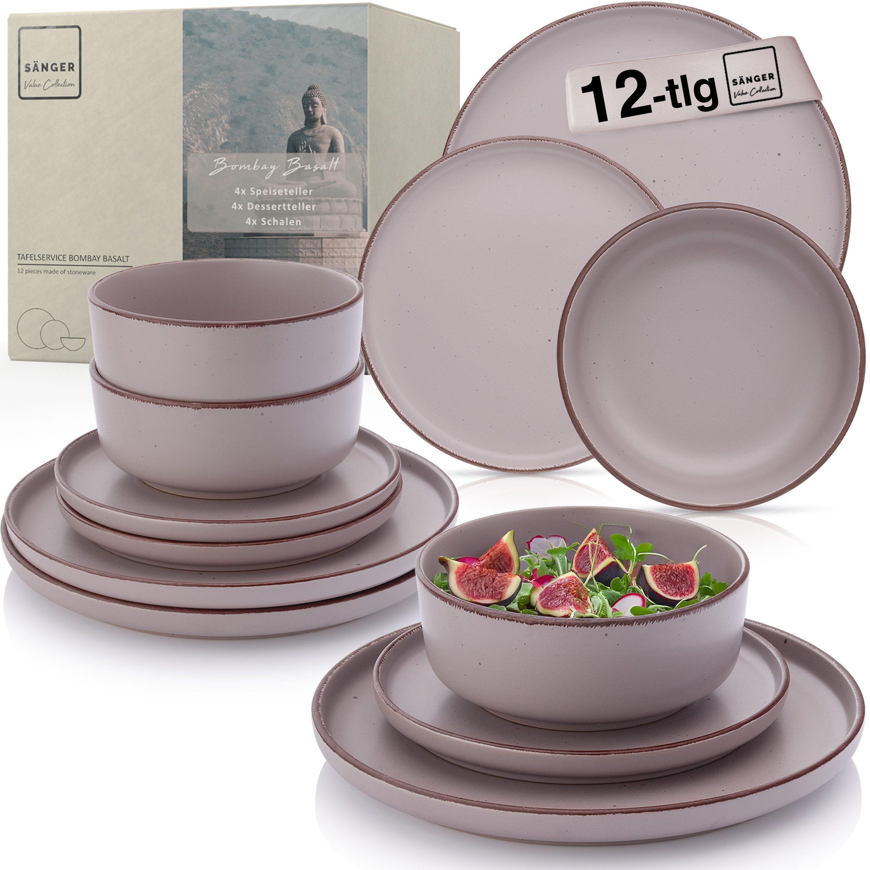 SÄNGER Geschirr-Set Bombay (12-tlg), 4 Personen, Steingut, Bombay Basalt, Handmade, Erweiterbar, VALUE COLLECTION