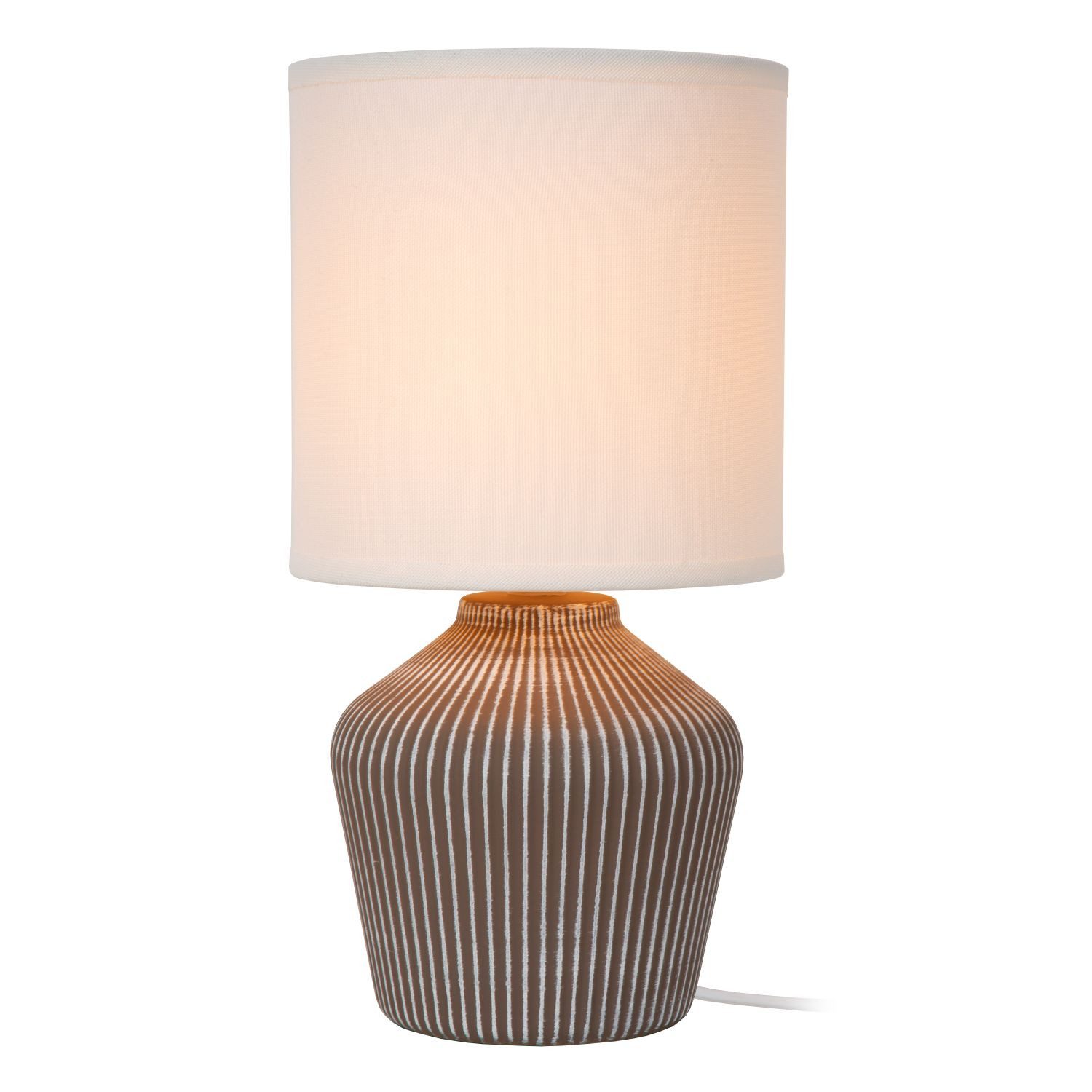 Licht-Erlebnisse Tischleuchte DRUBE, ohne Leuchtmittel, Keramik Stoff E14 rund Ø 16 cm 31.5 cm hoch Taupe Weiß Landhaus Stil