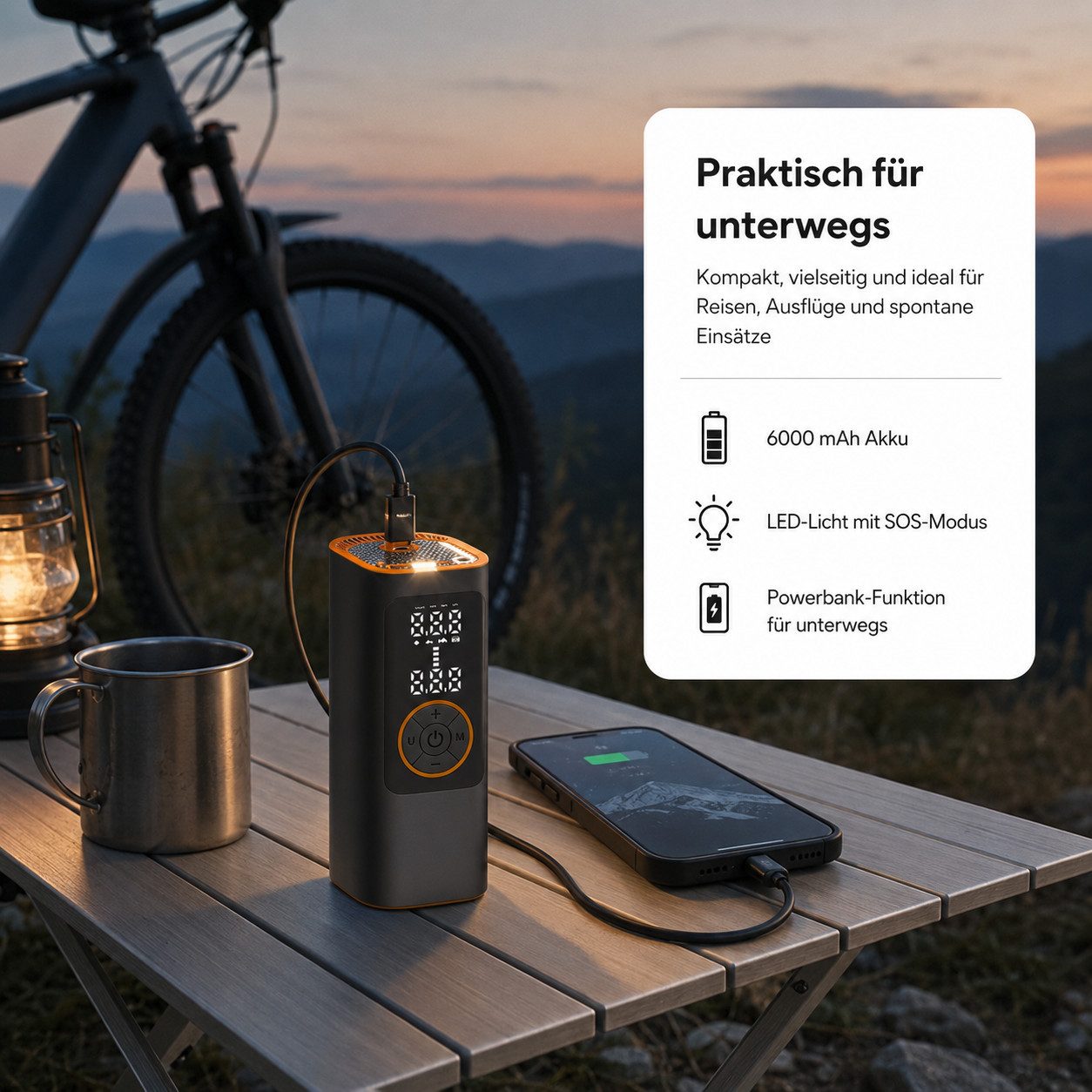Tekoo Akku-Luftpumpe Kabelloser Kompressor 150 PSI für Auto & E-Bike, 6000mAh Powerbank, Kabellos, 150 PSI Druck, USB-C Powerbank, Metallanschluss