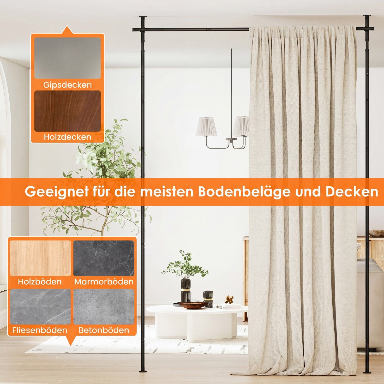 COSTWAY Raumteiler, Gardinenstange flexibel verstellbares Paraventgestell ohne Bohren