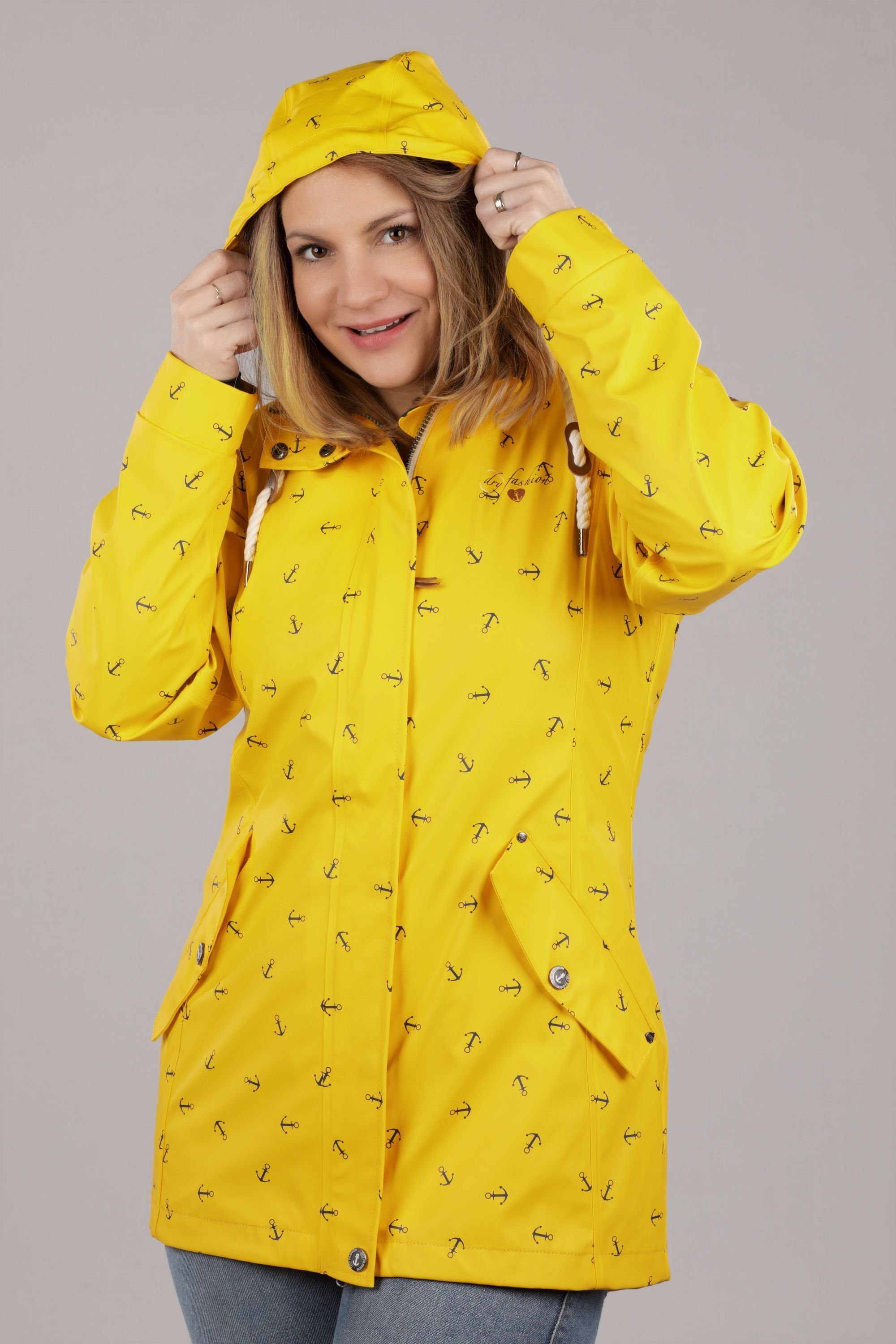 Damen Regenmantel wasserdicht Cuxhaven - Dry mit Anker-Print Kapuze Fashion Jacke gelb Regenjacke