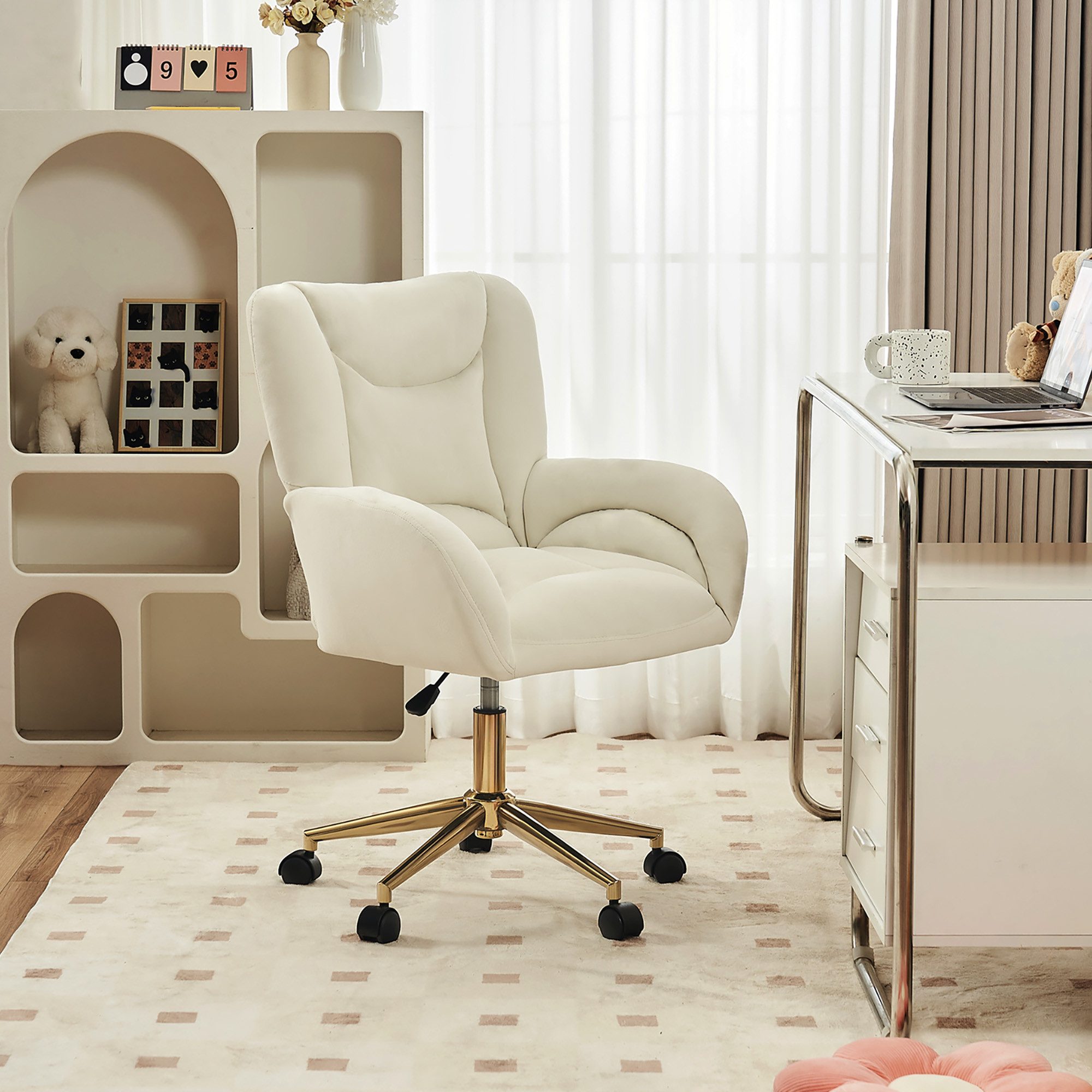 MODFU Stuhl Höhenverstellbarer Drehstuhl,Relaxsessel,mit goldenen Beinen (Höhenverstellbarer Velvet Drehstuhl mit goldenen Beinen – Ergonomisch, 360° drehbar, für Home-Office, Büro & Schlafzimmer, Super Komfort, schnelle Montage, für Erwachsene bis 100 kg, 1 St), mit goldenen Beinen