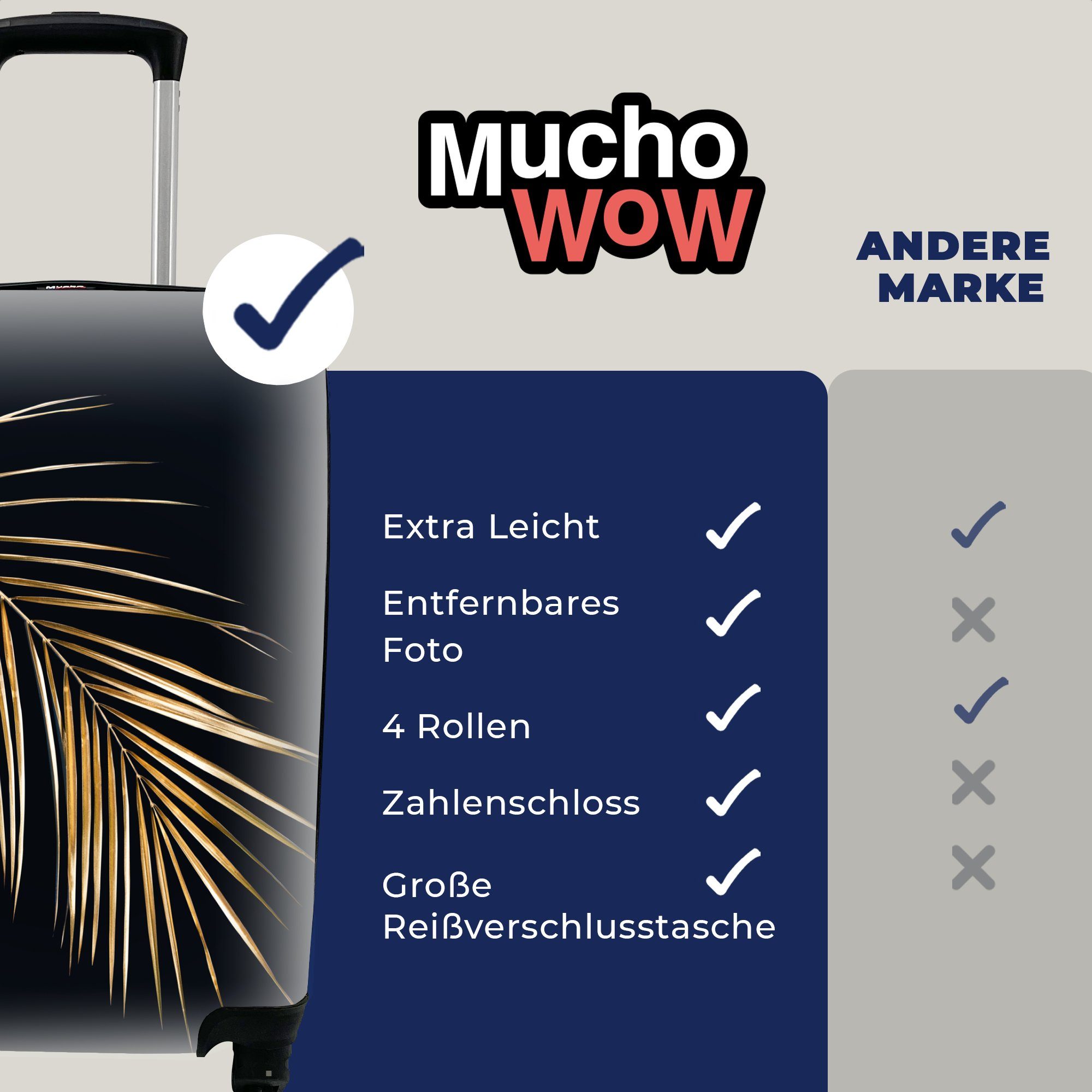 MuchoWow Handgepäckkoffer Rollen, Pflanzen - Reisekoffer Luxus, für Handgepäck - mit - Blätter Gold 4 - Reisetasche Schwarz rollen, Ferien, Trolley