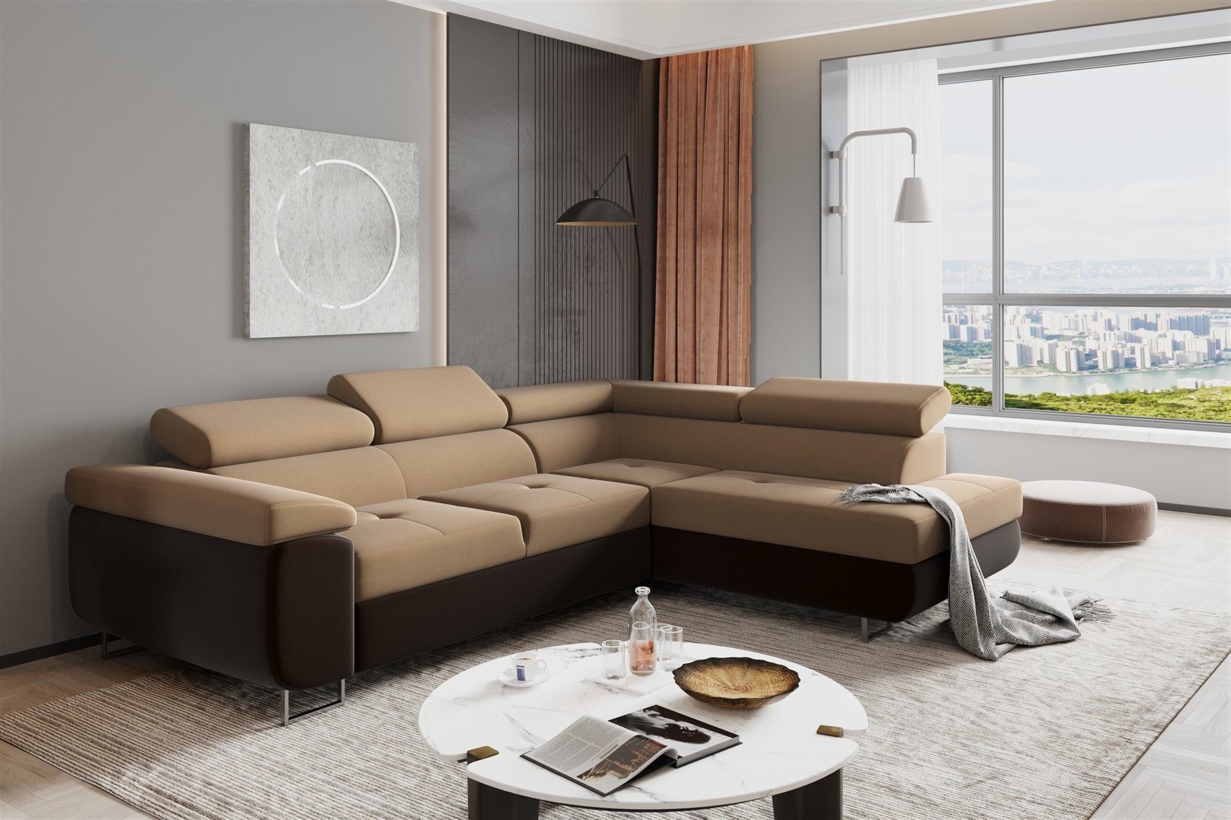 Fun Möbel Ecksofa Couchgarnitur JADE Stoff Dunkelbraun-Cappuccino Schlaffunktion, 1 Teile, mit Schlaffunktion