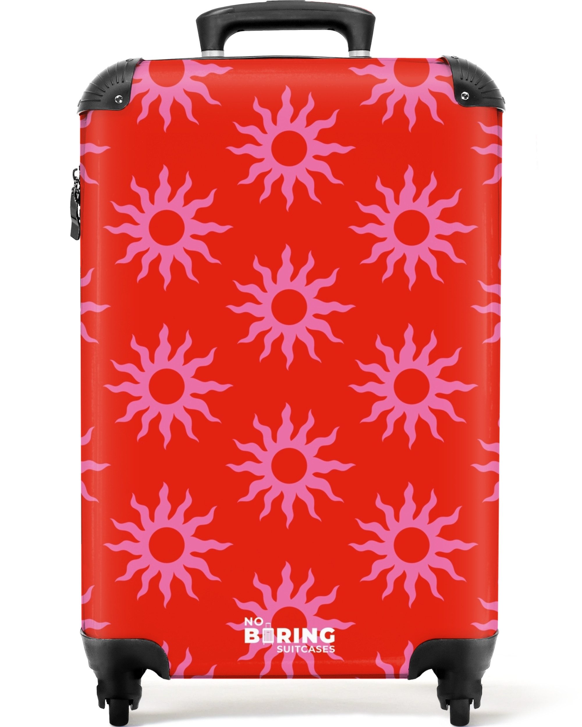 NoBoringSuitcases.com© Hartschalen-Trolley Rot mit rosa Sonnen günstig online kaufen