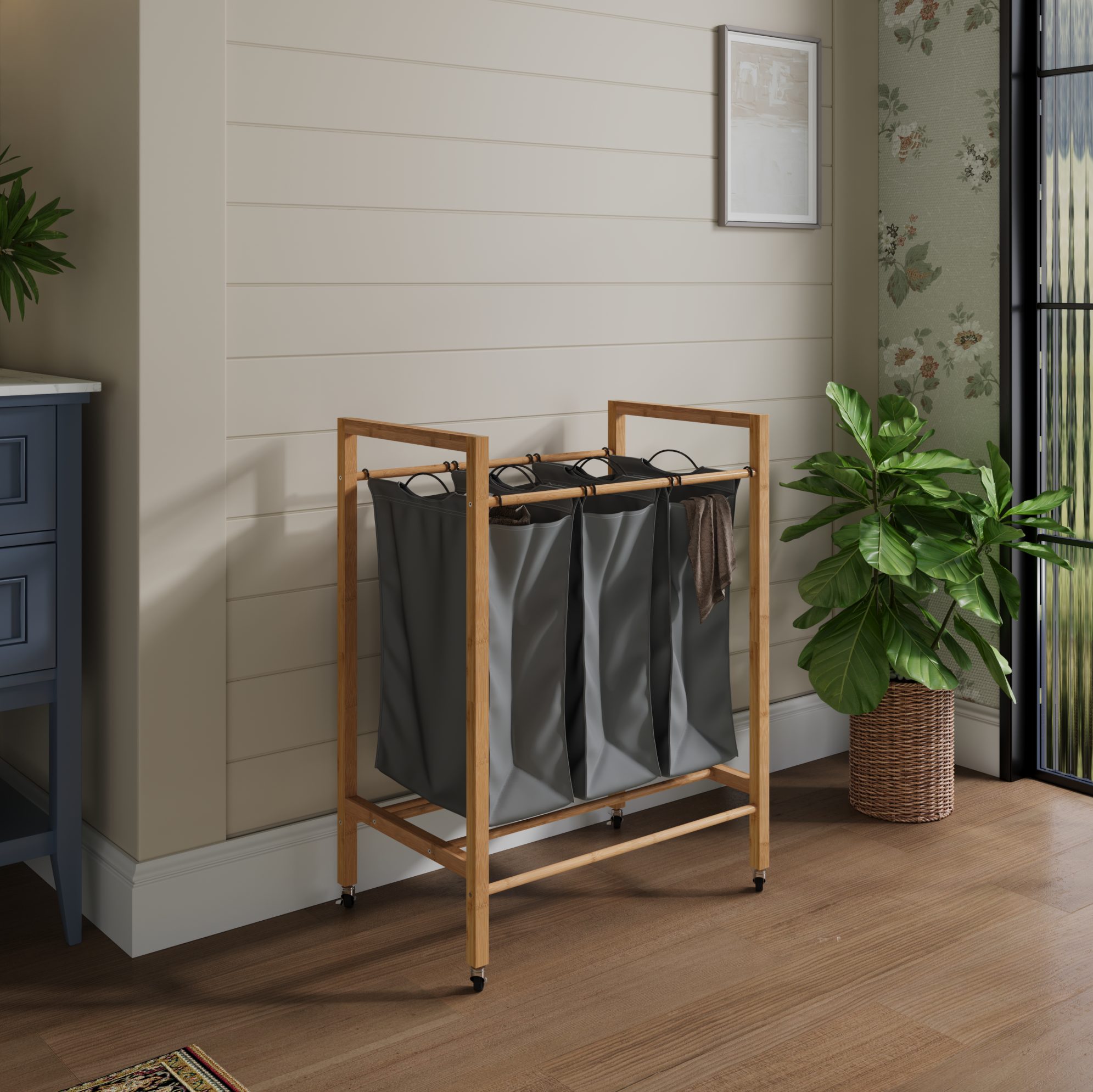 OKWISH Wäschekorb Bambus Wäschekorb mit 3 Fächern 3x30L, Rollen, Wäschesammler (1 St., Wäschesortierer Bambus mit herausnehmbaren Beuteln 3x30L), 60x40x83cm Mobiler Wäschekorb mit Rollen, 3 Fächer, herausnehmbare