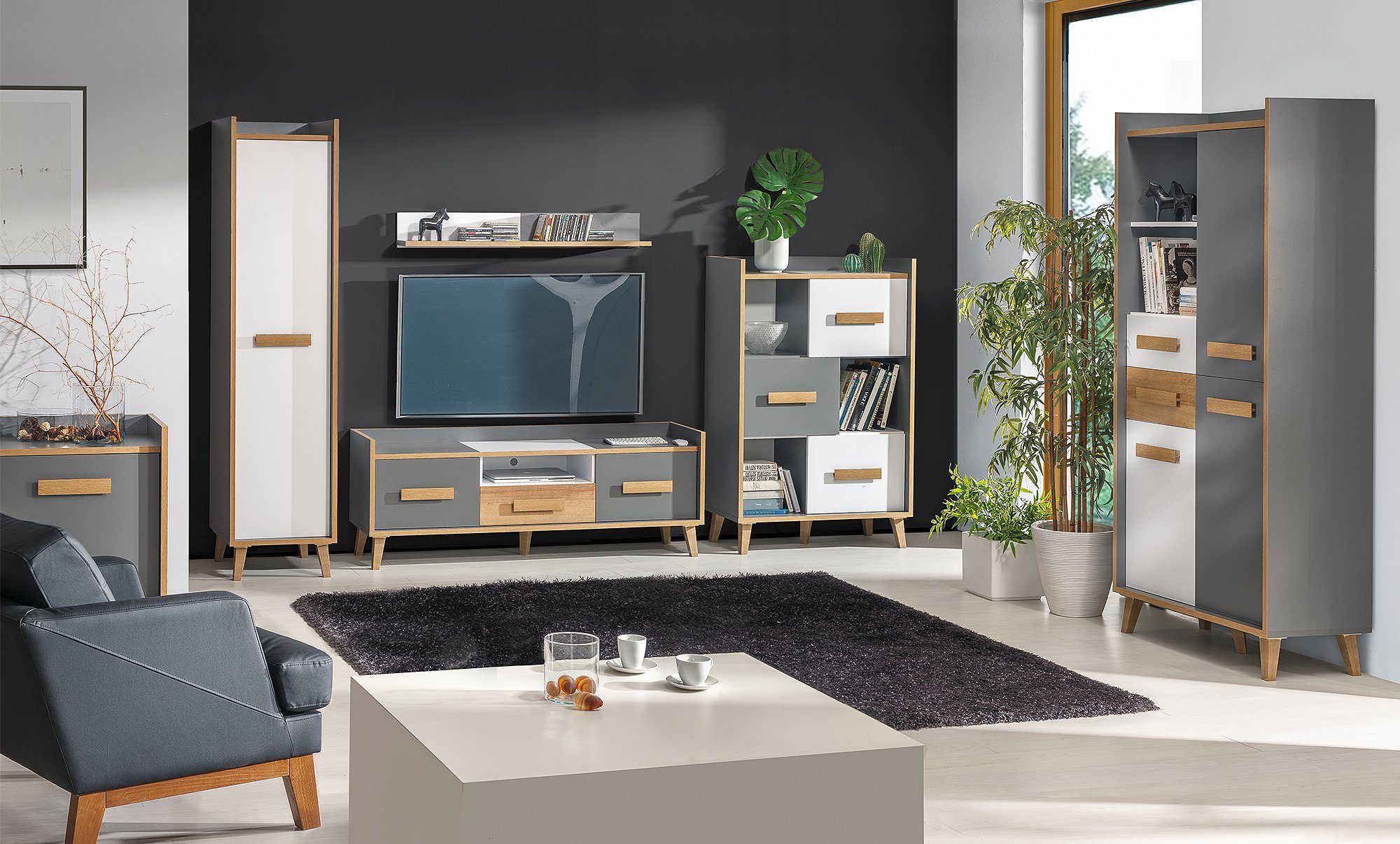 Standschrank, Bücherregal Eiche Skandinavisch Standregal, mit Riviera, Anthrazit variabel und Schubladen Stylefy Design, Wersum Weiß Fächern, stellbar