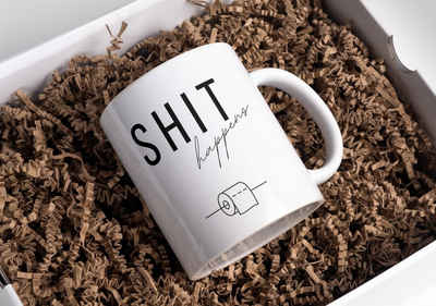 Tinisu Tasse Lustige Kaffeetasse "Shit happens" Frühstück Morgen Arbeit Tasse Büro