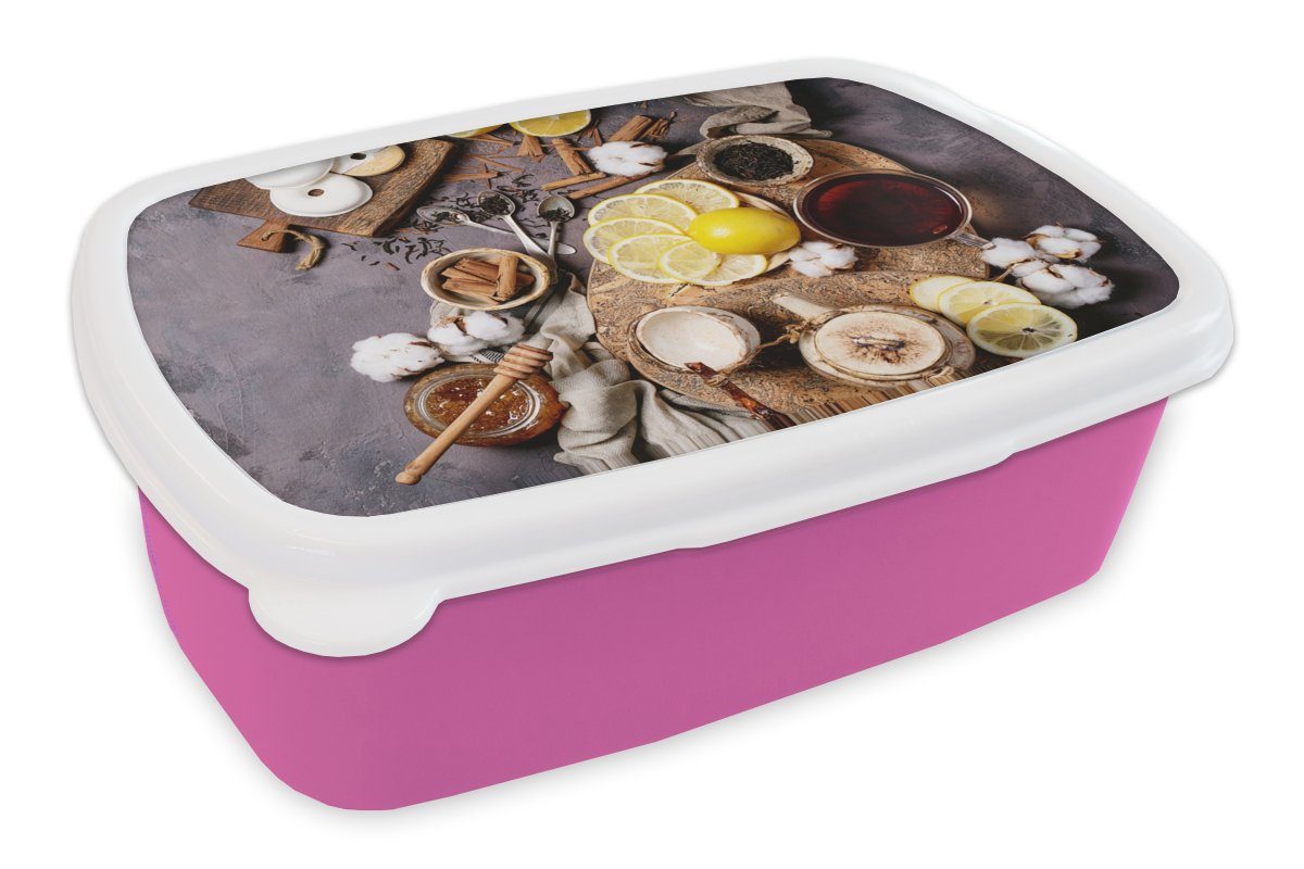 MuchoWow Lunchbox Tee - Zitrone - Honig - Donut - Kräuter, Kunststoff, (2-tlg), Brotbox für Erwachsene, Brotdose Kinder, Snackbox, Mädchen, Kunststoff rosa