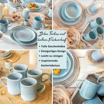 SÄNGER Becher Lima Kaffeebecher Set (4-teilig), Steingut, Blau Türkis mit hellem Farbverlauf & beigem Rand, Handmade, 410 ml