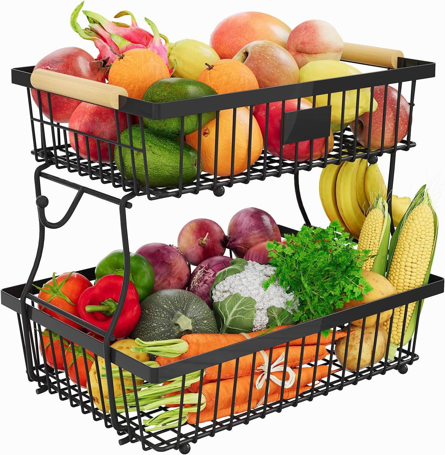 Refined Living Obstschale 2 Etagen, Arbeitsplattenregal für die Küche, Gemüseregal,mit Holzgriff, Rostfreies, Kohlenstoffstahl, (Fruchtkorb mit 2 Bananenaufhängern, Küchenaufbewahrung,Frühstücksständer, BPA-freier Beschichtung, Abnehmbare Körbe,2-Etagen-Design,rutschfeste Basis,Multifunktionales Aufbewahrungssystem,für Küche, Badezimmer, Zuhause, 1-tlg), extra große Kapazität für Brot, Snacks, Obst, Gemüse, Kosmetika usw.