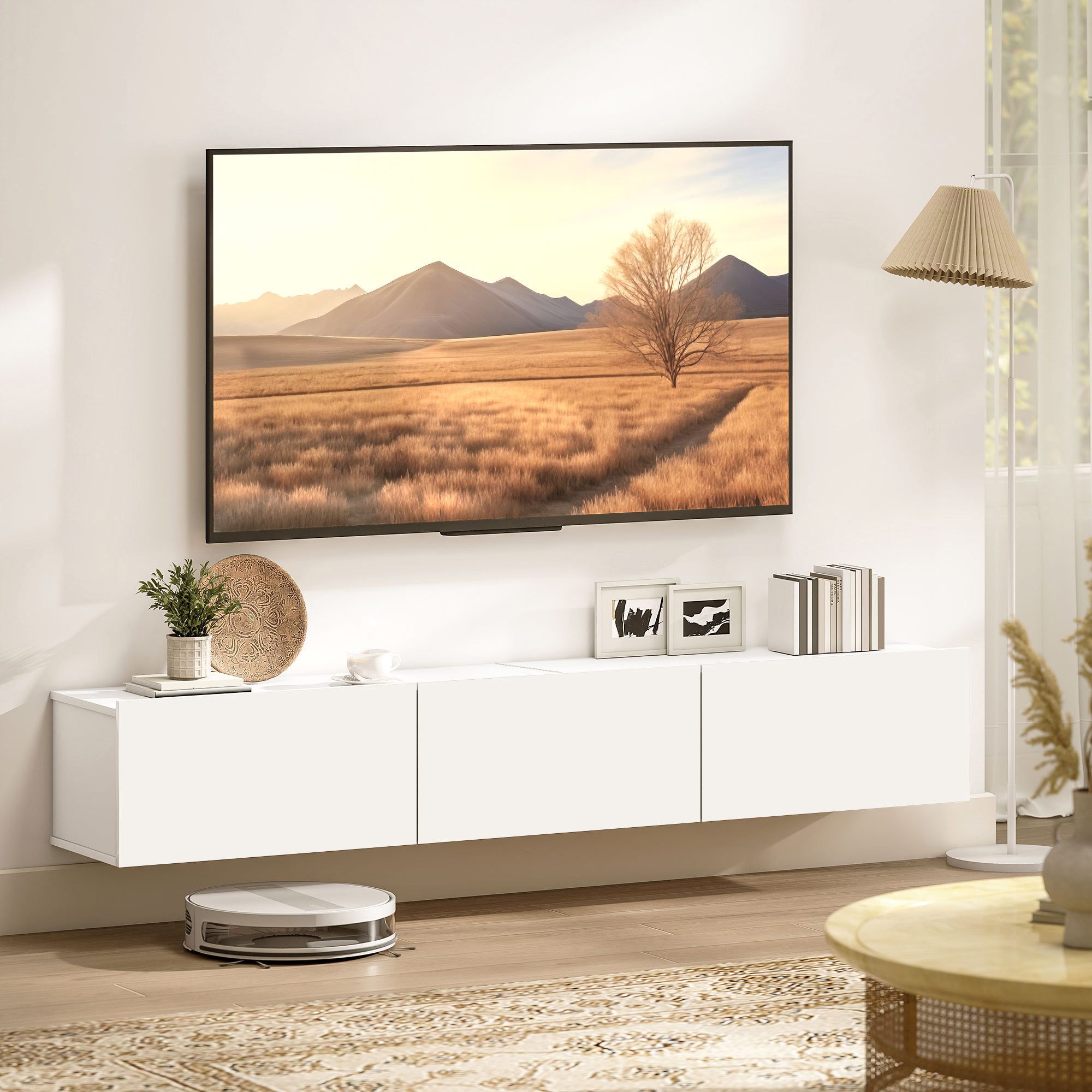 HOMCOM TV-Board TV Schrank 180 cm Fernsehtisch, für 82 Zoll TV, Soft-Close-Türen (TV Lowboard, 1 St., Schwebender Fernsehschrank), für Wohnzimmer, Schlafzimmer, Weiß