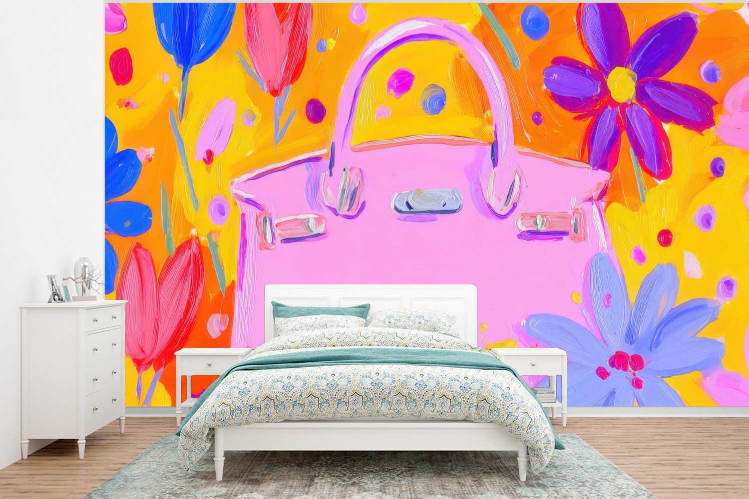 MuchoWow Fototapete Tasche - Rosa - Blumen, Matt, bedruckt, Vliestapete für Wohnzimmer Schlafzimmer Küche, Fototapete, 350x260 cm