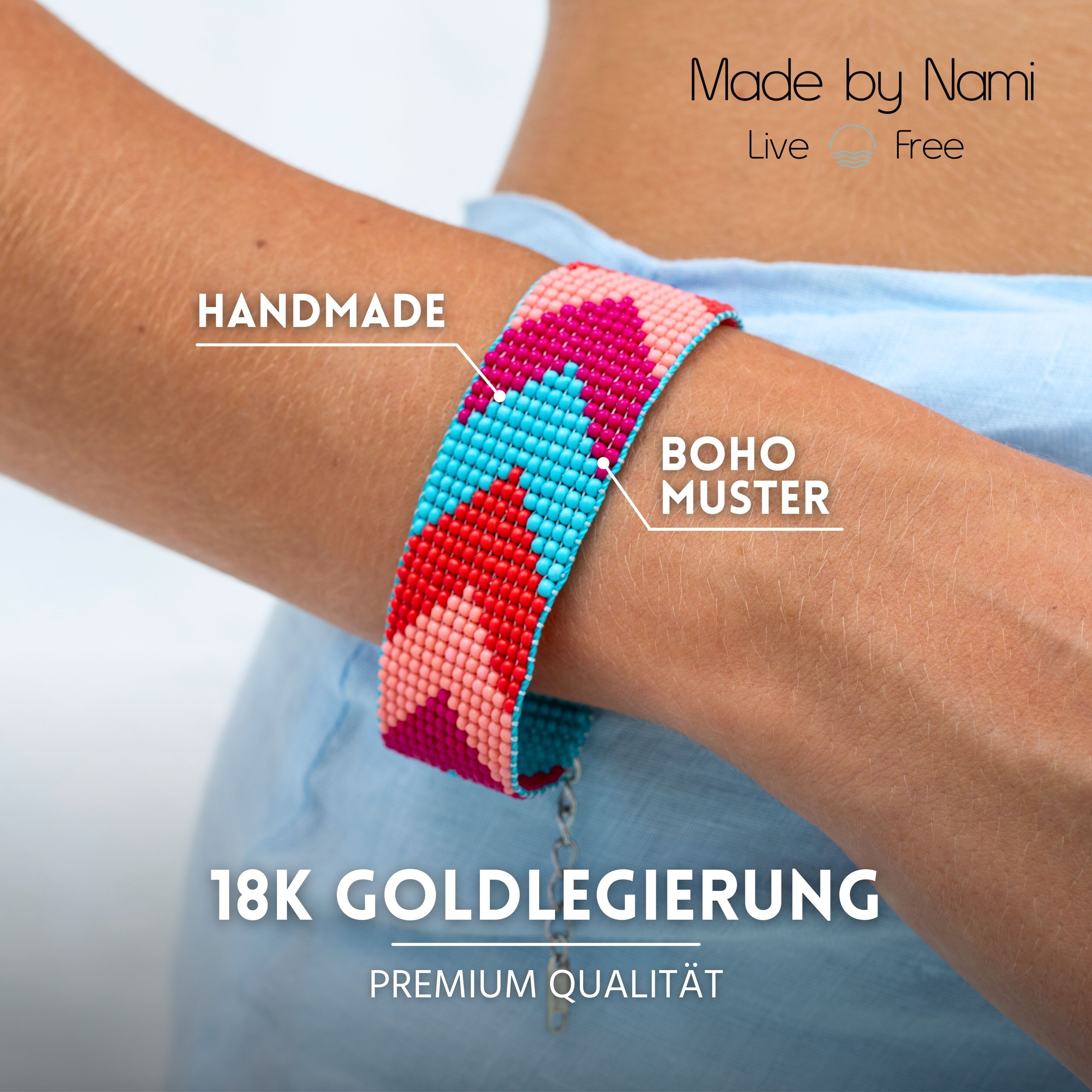 Made by Nami Perlenarmband Damen Armband bunt mit Perlen Wasserfest Boho-Stil, aus Perlen – sommerlich – mit Verlängerung – Bild 5 von 5
