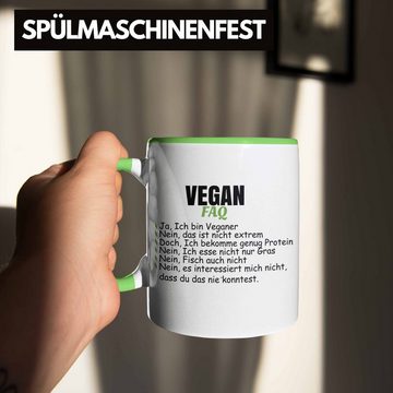 Trendation Tasse Trendation - Veganer Tasse Geschenk FAQ Vegan Geschenkidee Lustiger Spruch Vegane Lebensweise Spruch