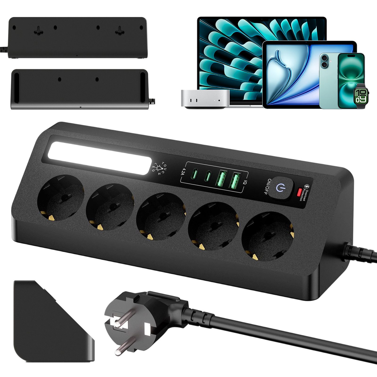 AKKEE Tischsteckdosenleiste mit 5 Steckdosen, LED-Lichtleiste Mehrfachsteckdose (LED), 2 USB-A-Anschlüssen und 2 USB-C-Anschlüssen Dreieckiges Design 90°