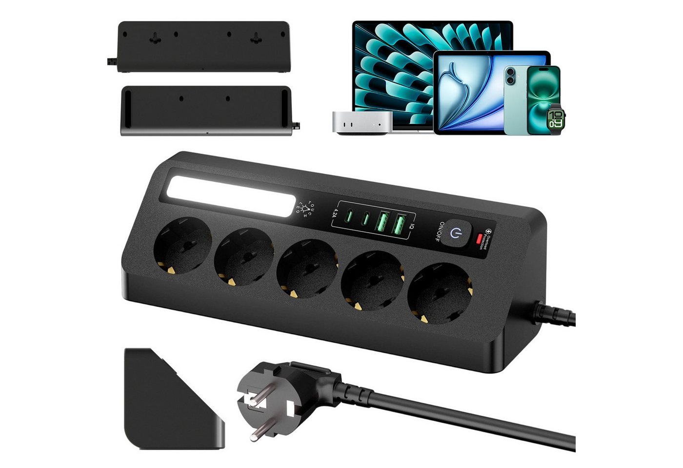 AKKEE Tischsteckdosenleiste mit 5 Steckdosen, LED-Lichtleiste Mehrfachsteckdose (LED), 2 USB-A-Anschlüssen und 2 USB-C-Anschlüssen Dreieckiges Design 90°