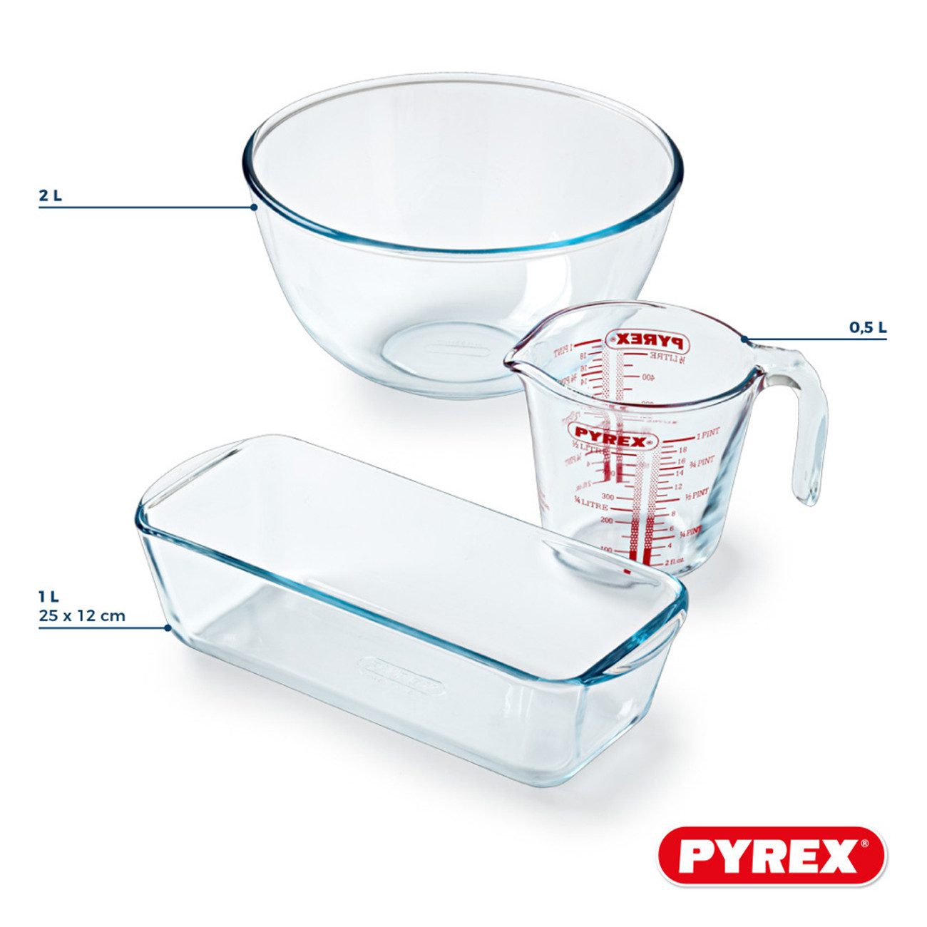 PYREX Schüssel Starter-Set, Messbecher, Schüssel & Kuchenform, Borosilikatglas, (Koch- und Back-Set, 3-tlg), hitzebeständig, mikrowellengeeignet, Made in France