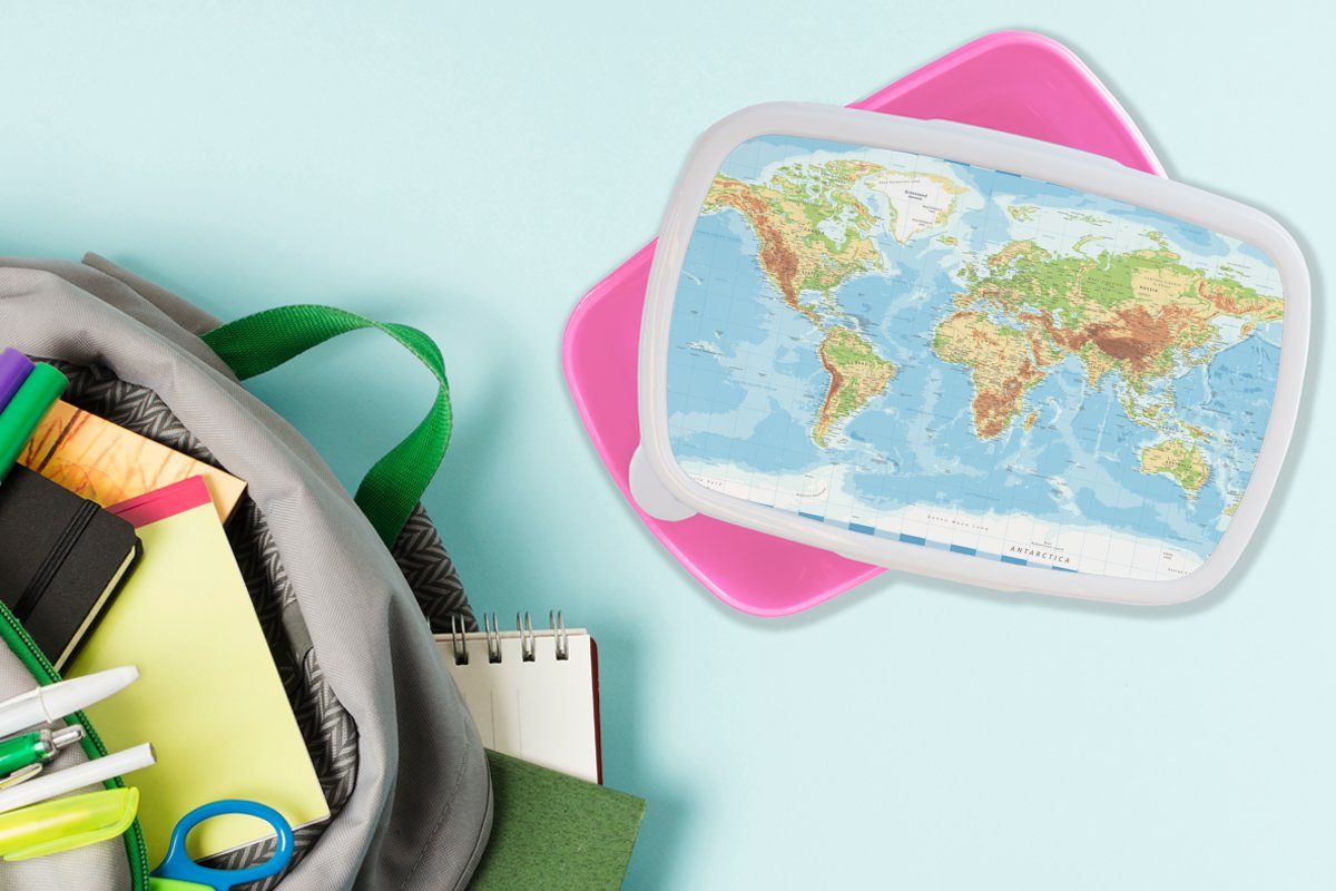 Snackbox, Topographie, Brotbox Mädchen, Erwachsene, Atlas (2-tlg), Kunststoff - Weltkarte Kinder, - Brotdose Kunststoff, MuchoWow Lunchbox rosa für