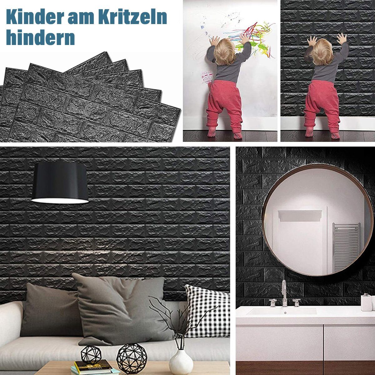 Selbstklebend,Wandtattoo 3D Schwarz Küche Wanddeko Wandtattoo Jormftte Wandpaneele für Ziegelstein
