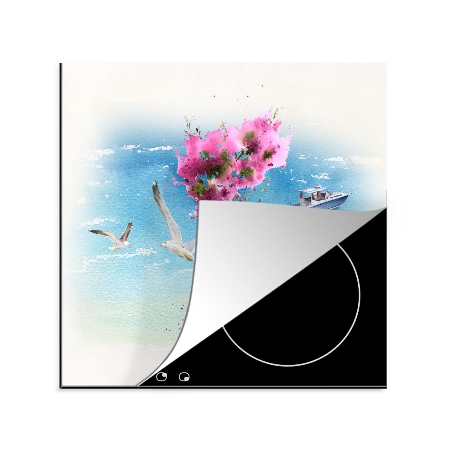 MuchoWow Herdblende-/Abdeckplatte Blume - Boot - Vogel, Vinyl, (1 tlg), 78x78 cm, Ceranfeldabdeckung, Arbeitsplatte für küche