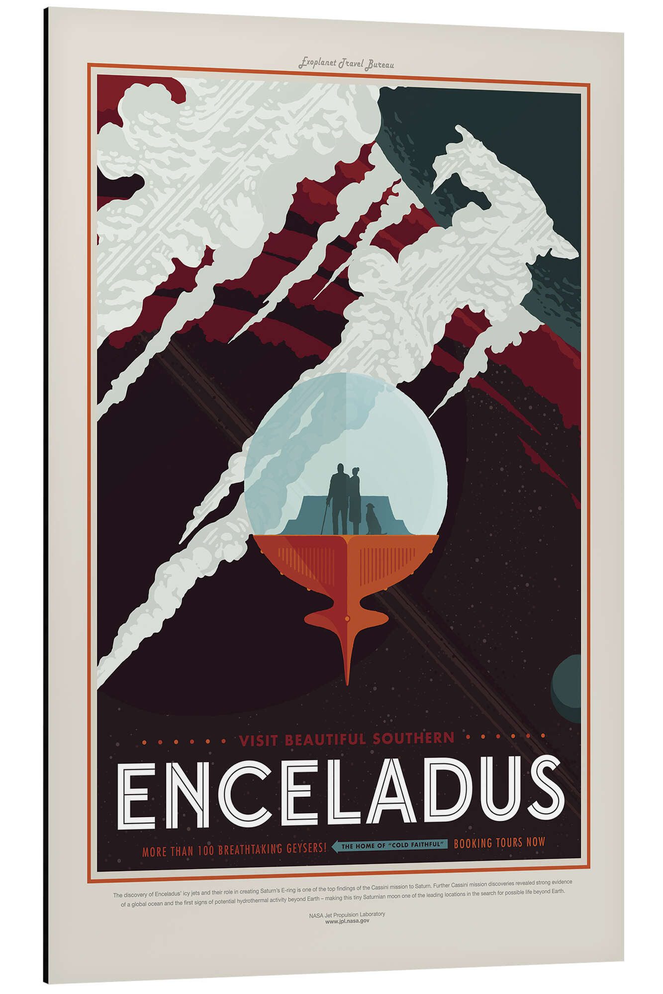 Posterlounge Alu-Dibond-Druck NASA, Retro Space Travel - Enceladus, Vintage Grafikdesign