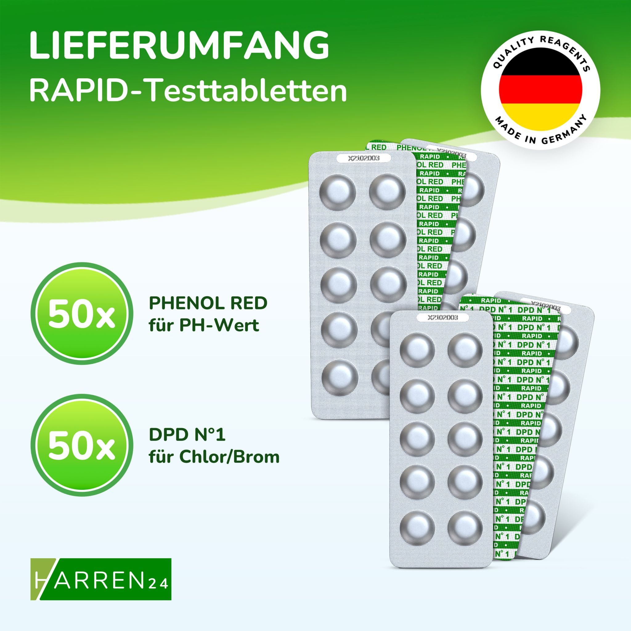 harren24 Pooltester Test-Tabletten RAPID für pH-Wert und freies Chlor 2x50 Stück, Pool, je 50 Stück DPD 1 + Phenol Red